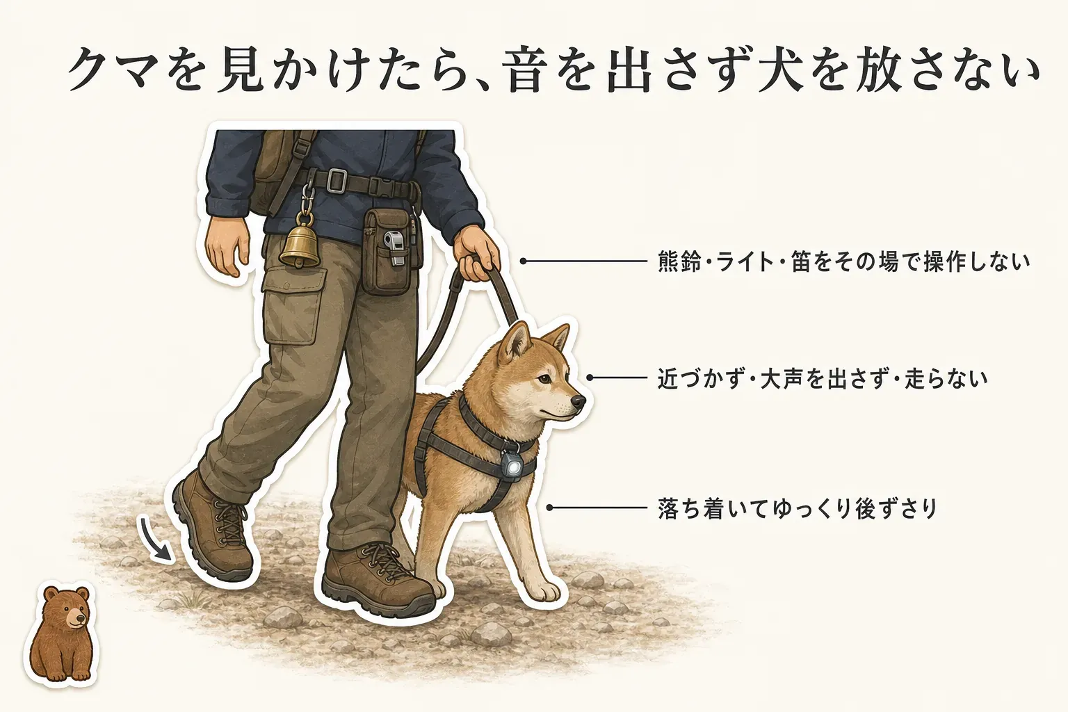 犬の散歩中にクマを見かけたら、熊鈴・LEDライト・ホイッスルをその場で操作せず、犬のリードを離さず、近づかない・大声を出さない・走らないようにして、落ち着いてゆっくり後ずさりする対応を示す図。出典：環境省「国立公園に出かける前に知っておきたいクマのこと」