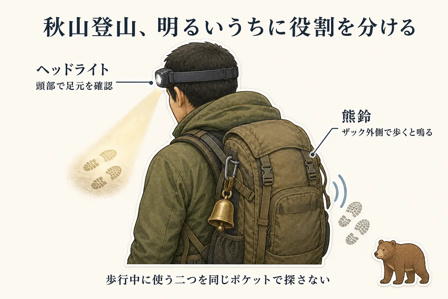 秋山を歩く登山者が、頭部にヘッドライトを装着して足元を照らし、ザック外側に熊鈴を付けて歩くと鳴るようにする役割分担を示す図。歩行中に使う二つを同じポケットで探さないことを示している