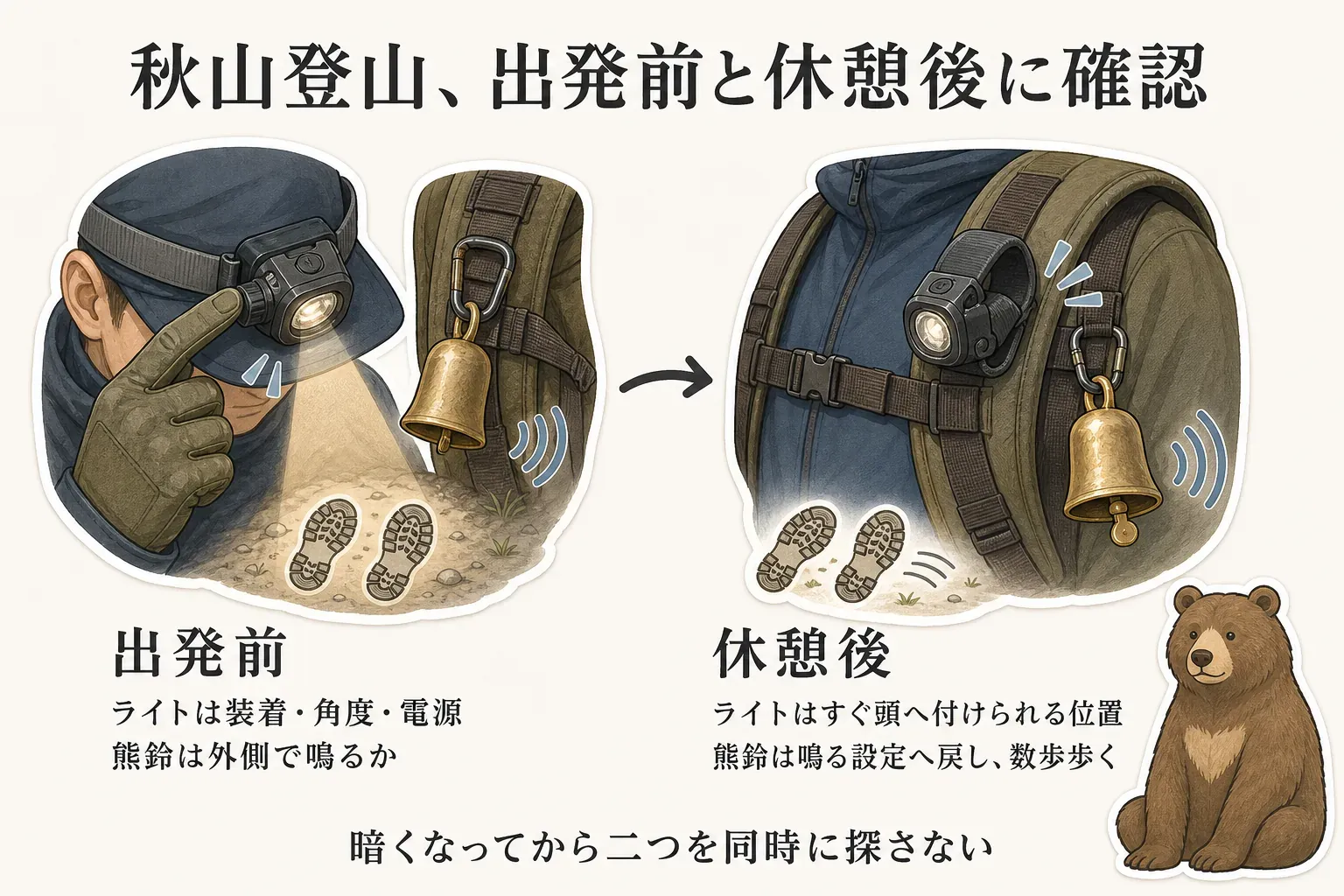 秋山登山で出発前はヘッドライトの装着・角度・電源と熊鈴が外側で鳴るかを確認し、休憩後はライトをすぐ頭に付けられる位置へ戻し、熊鈴を鳴る設定へ戻して数歩歩く流れを示す図。暗くなってから二つを同時に探さないことを示している