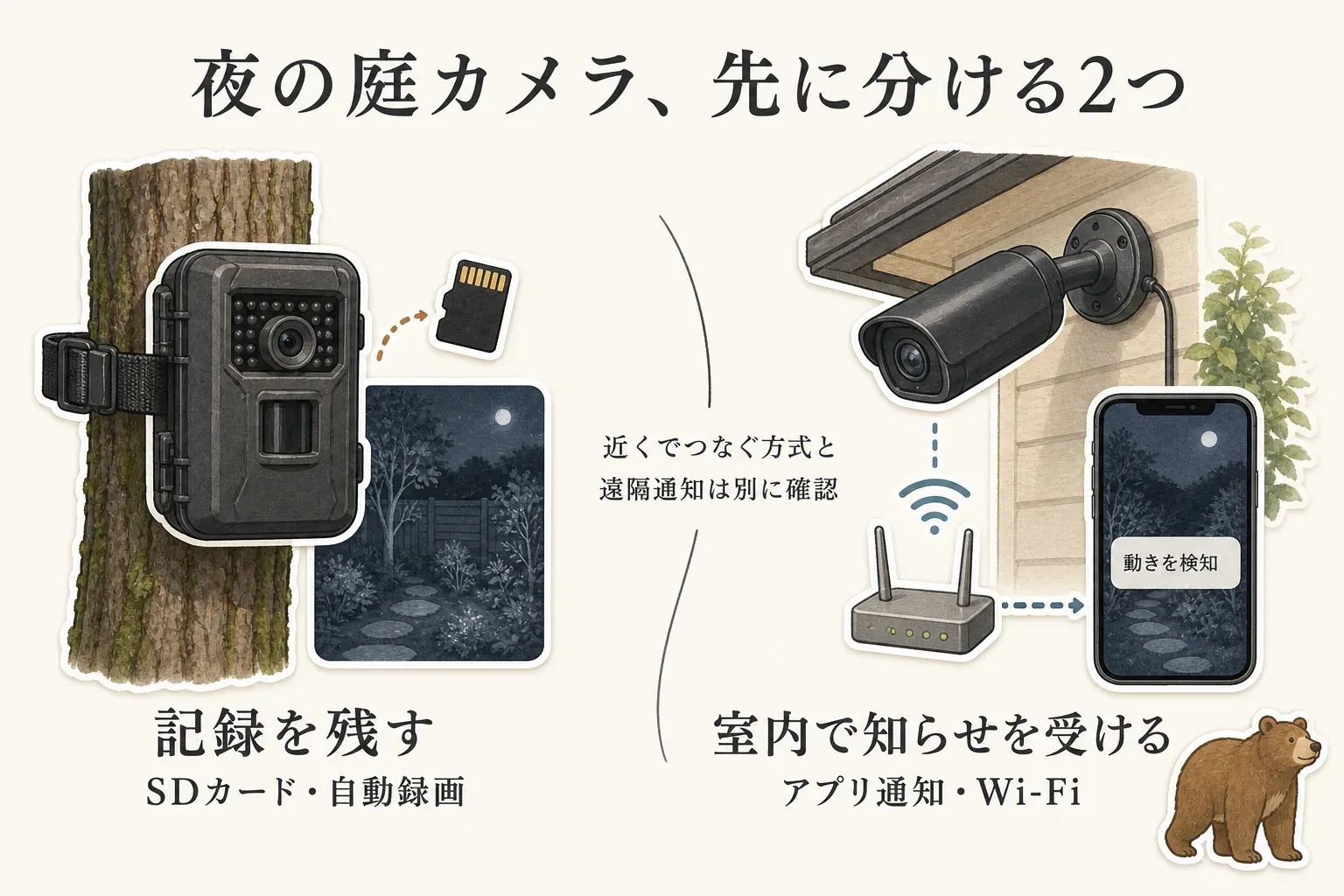 屋外カメラの選び方として、家の中でスマホ通知を受けたい場合は通知機能と通信環境を確認し、後から記録を見たい場合は人感センサー・夜間撮影・SDカード保存を確認する2つの使い方を示す図