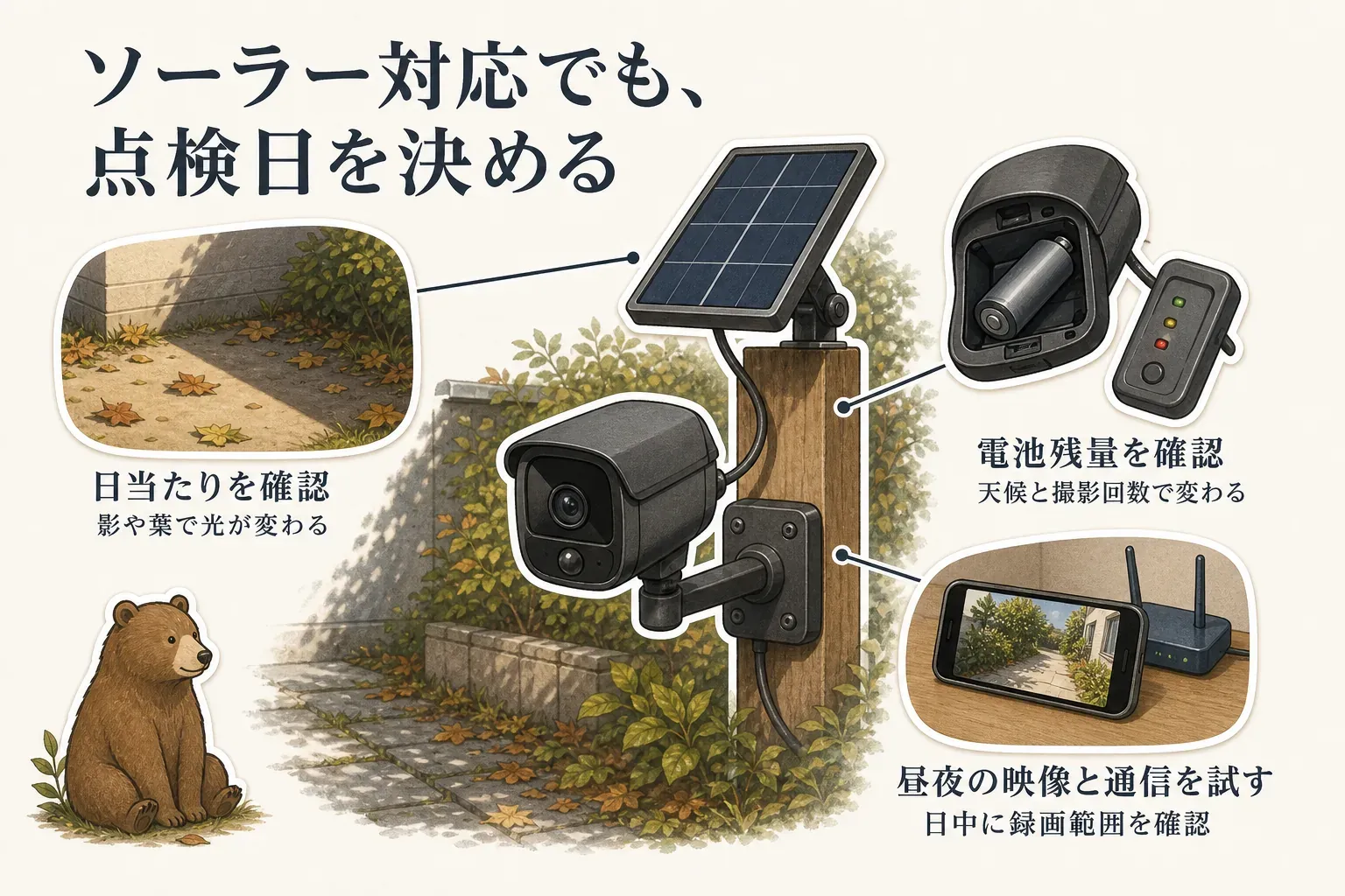 ソーラー式屋外カメラを秋から冬に使う際に、日照、電池残量、録画、通信を点検し、落ち葉や建物の影、雨や雪の後の端子、昼夜の画角を確認することを示す図