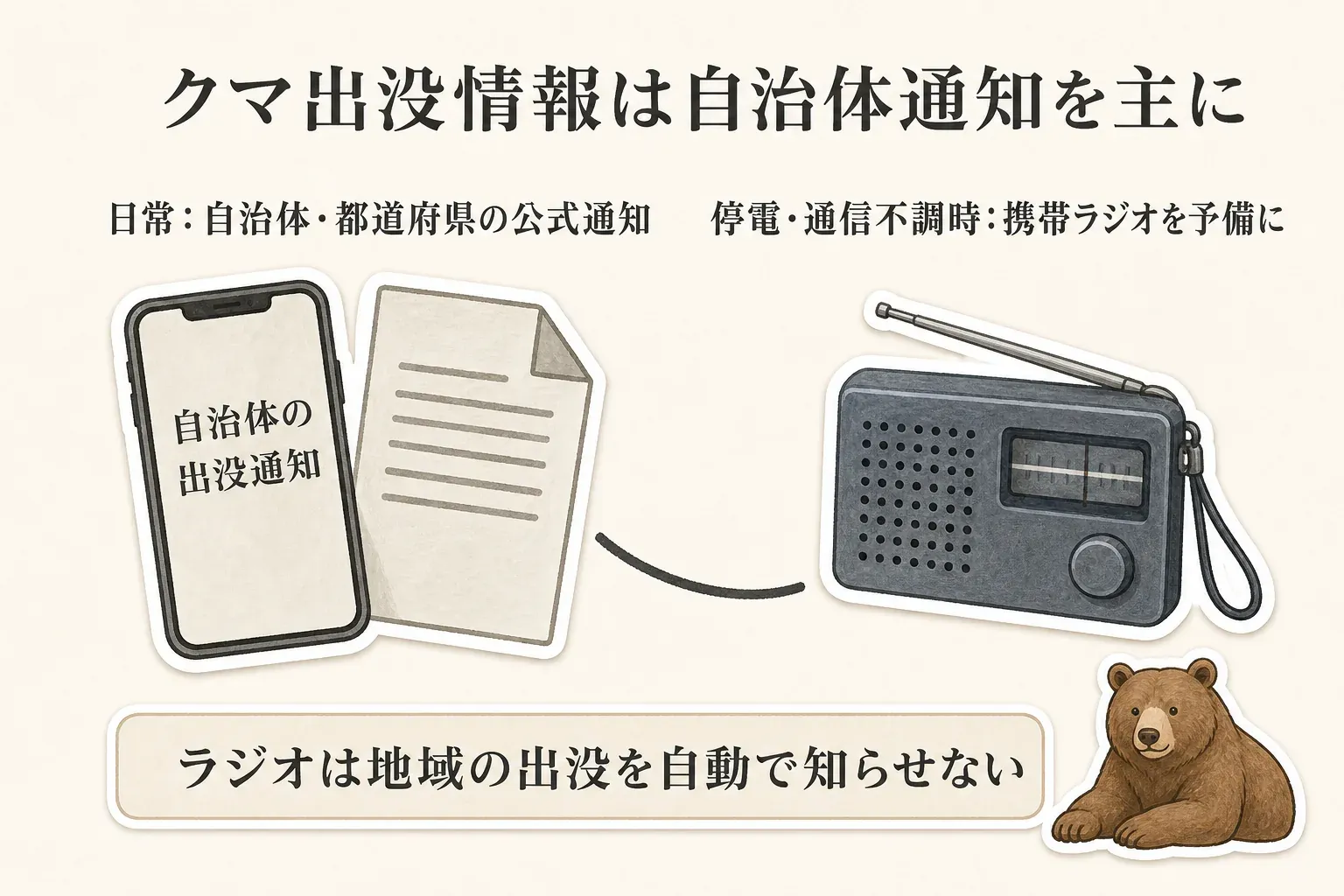 秋の台風・停電前に、クマ出没情報は市町村・都道府県の公式通知を主に確認し、携帯ラジオは停電や通信不調時に広域・地域の放送を受信する予備手段とする役割分担を示す図。ラジオは地域ごとのクマ出没を自動通知しない
