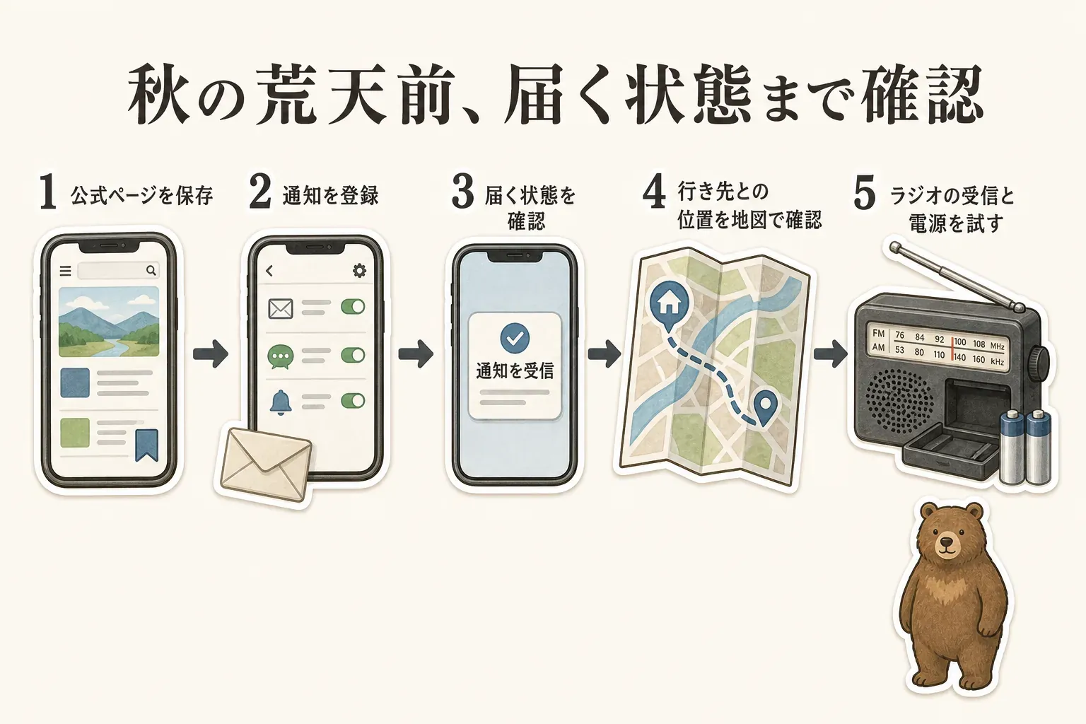 秋の荒天シーズン前の備えとして、市町村・都道府県のクマ出没情報ページをブックマークし、通知を登録・受信確認し、通学路や行き先との位置関係を地図で確かめ、ラジオの受信状態と予備電源を試す5つの点検を示す図