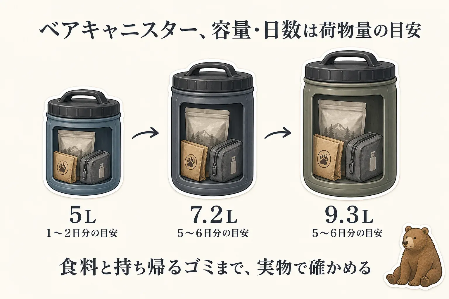 秋口のテント泊向けベアキャニスターの容量目安として、5Lは1〜2日分、7.2Lと9.3Lは5〜6日分、可変式は約1〜4日分以上と示し、食料だけでなく帰りまで残る包装やゴミの分も見込むことを示す図