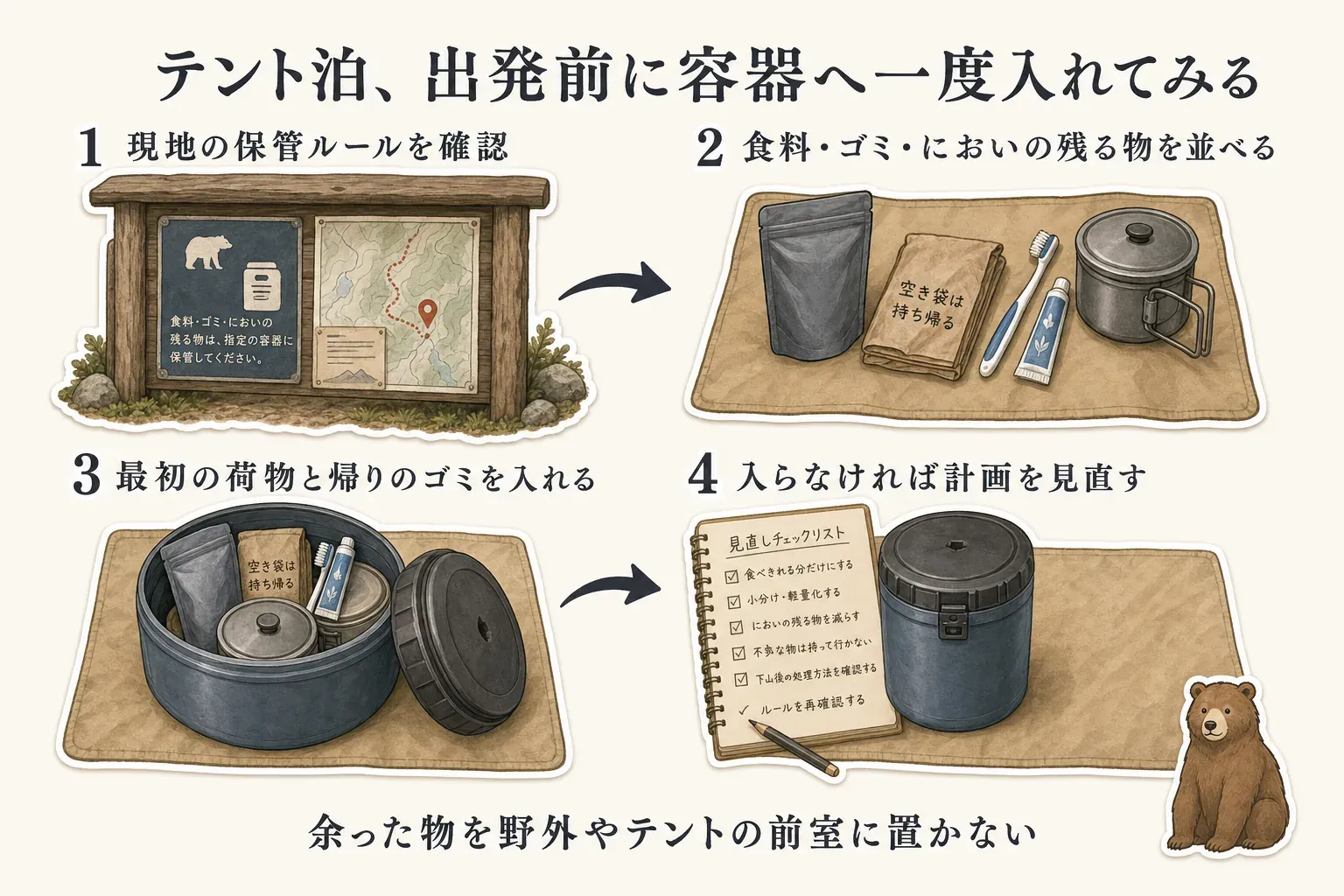テント泊の出発前に、行き先の保管庫・フードロッカー・携帯容器のルールを確認し、食料、包装、ゴミ、歯みがき用品、調理器具・食器を並べ、初日の食料と持ち帰り予定のゴミを容器に入れ、収まらなければ食料計画・容器容量・現地の保管方法を見直す4段階を示す図