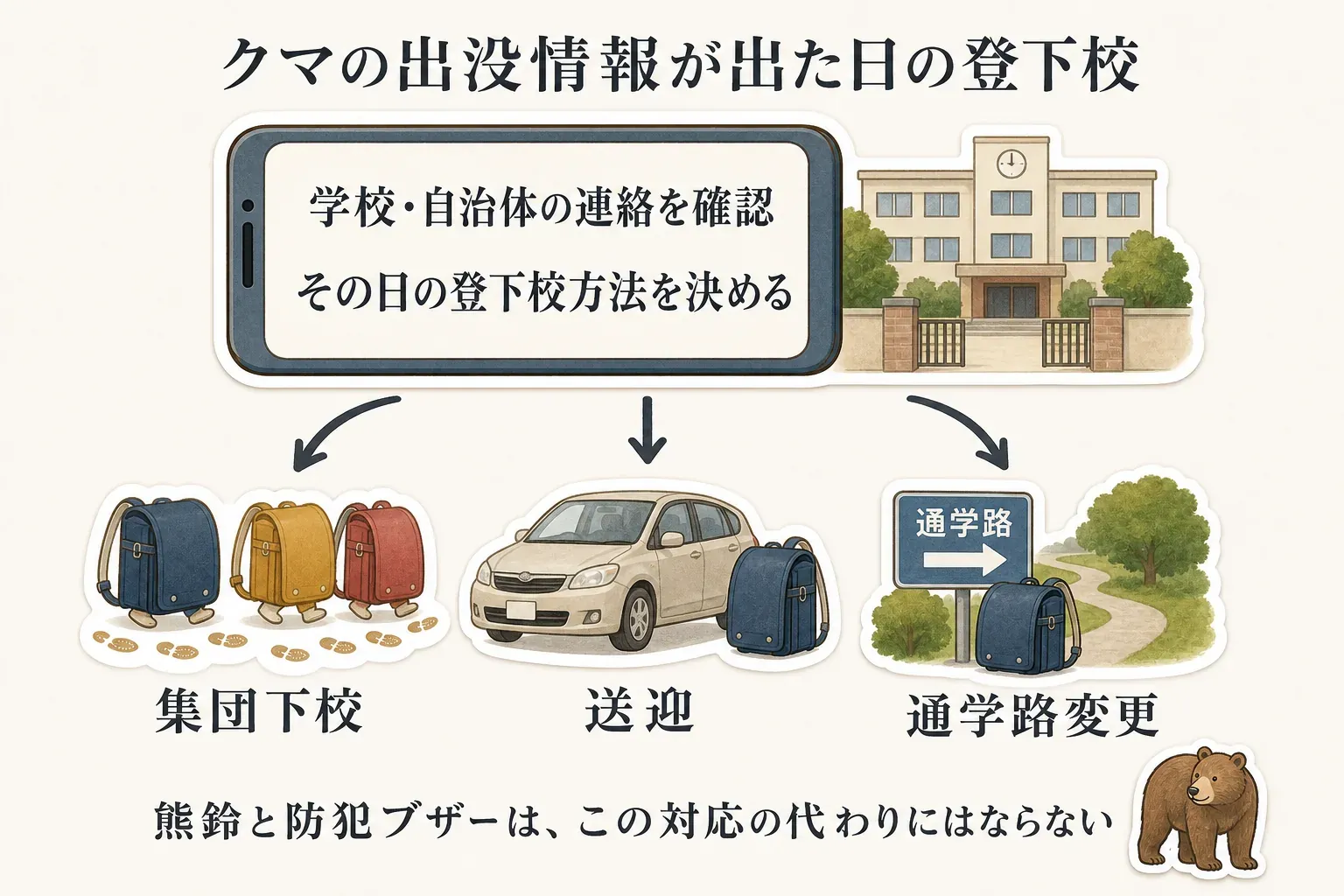 通学路でクマの出没情報が出た日は、熊鈴や防犯ブザーより先に学校・自治体の連絡を確認し、送迎、集団下校、通学路変更、登校見合わせなどの案内に従う流れを示す図。出典：文部科学省