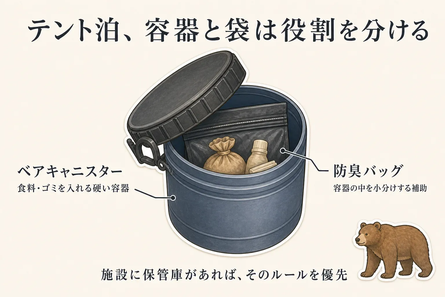 テント泊で、ベアキャニスターは食料・ゴミを入れる硬い容器、防臭バッグは容器の中を小分けする補助であり、施設に保管庫があればそのルールを優先することを示す図