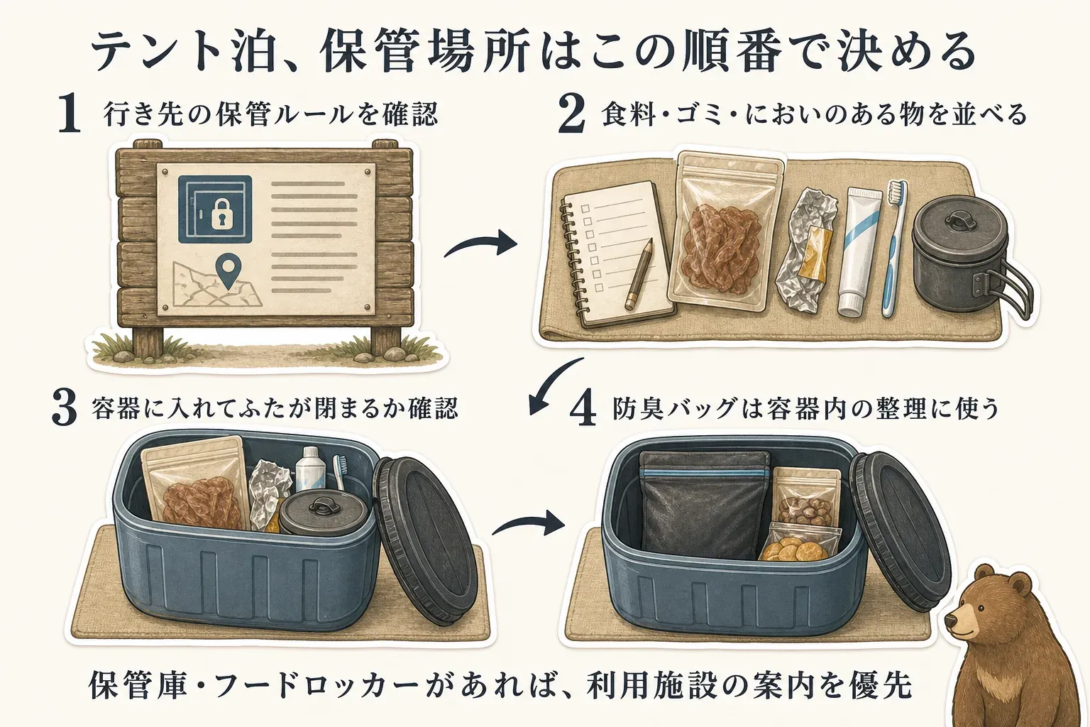 テント泊の保管場所を決める順番として、行き先の保管ルールを確認し、食料・ゴミ・においのある物を並べ、容器に入れてふたが閉まるか確かめ、防臭バッグは容器内の整理に使う4段階と、保管庫・フードロッカーがあれば施設案内を優先することを示す図