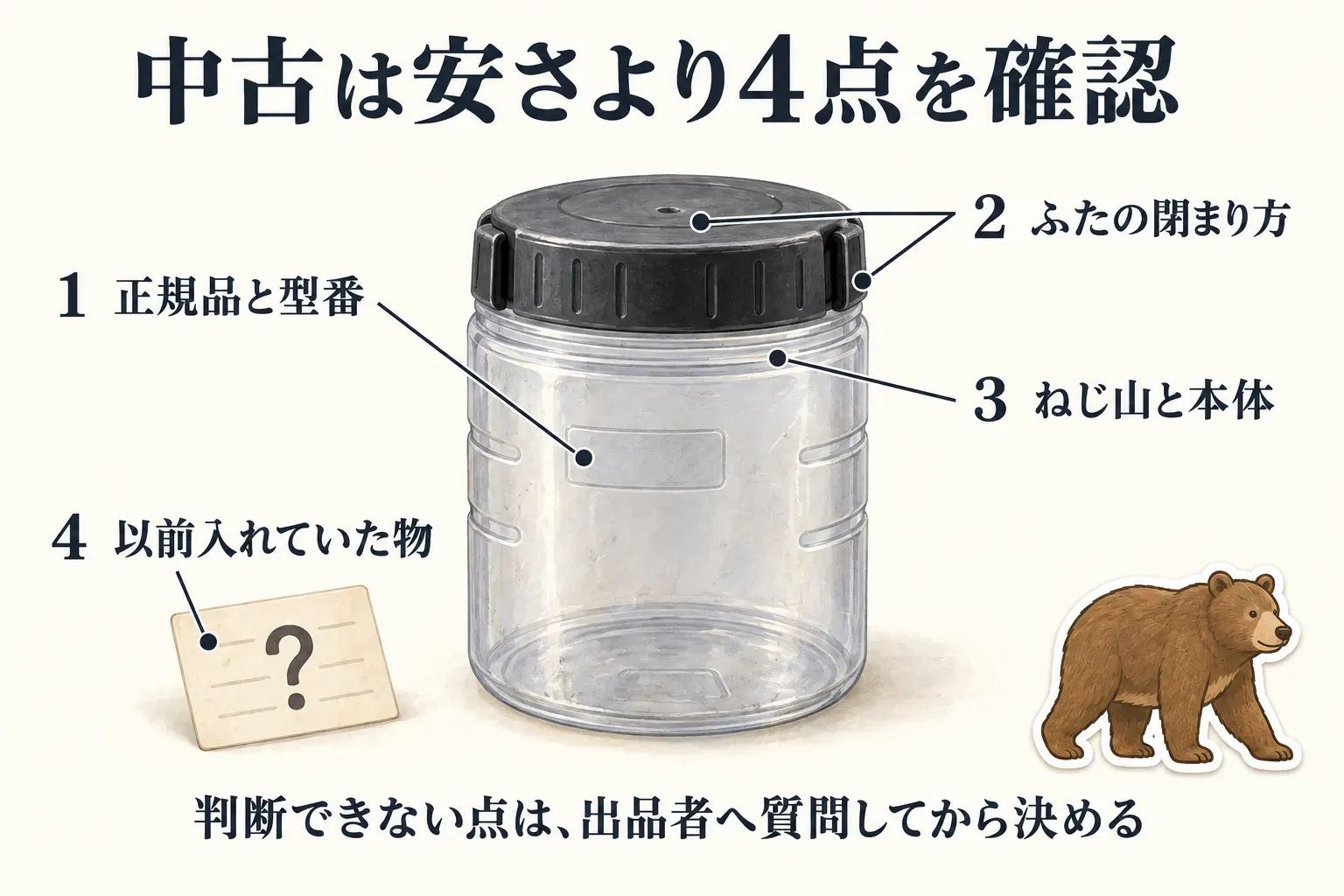 中古のベアキャニスターを選ぶ際に、正規品と型番、ふたの閉まり方、ねじ山と本体の傷・ひび、以前入れていた物の4項目を確認する図。BearVault公式の確認事項をもとに整理