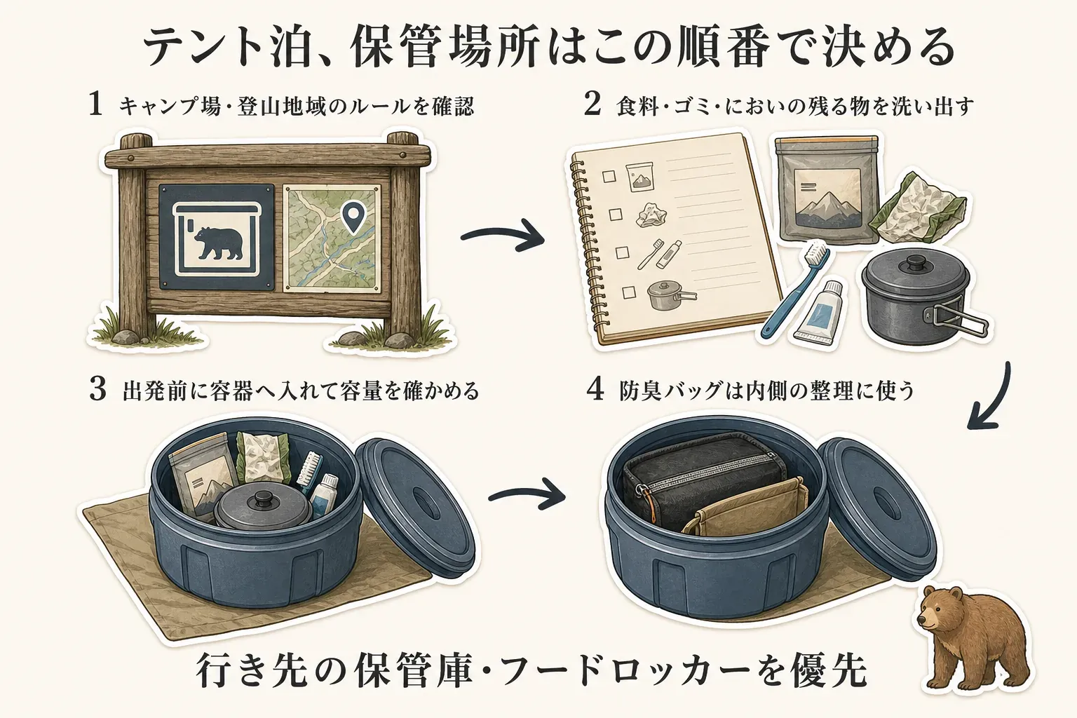 テント泊の食料保管を決める順番として、キャンプ場・登山地域のルールを確認する、食料・ゴミ・においの残る物を洗い出す、出発前に容器へ入れて容量を確かめる、防臭バッグは容器の内側の整理に使う4段階と、行き先の保管庫・フードロッカーを優先することを示す図