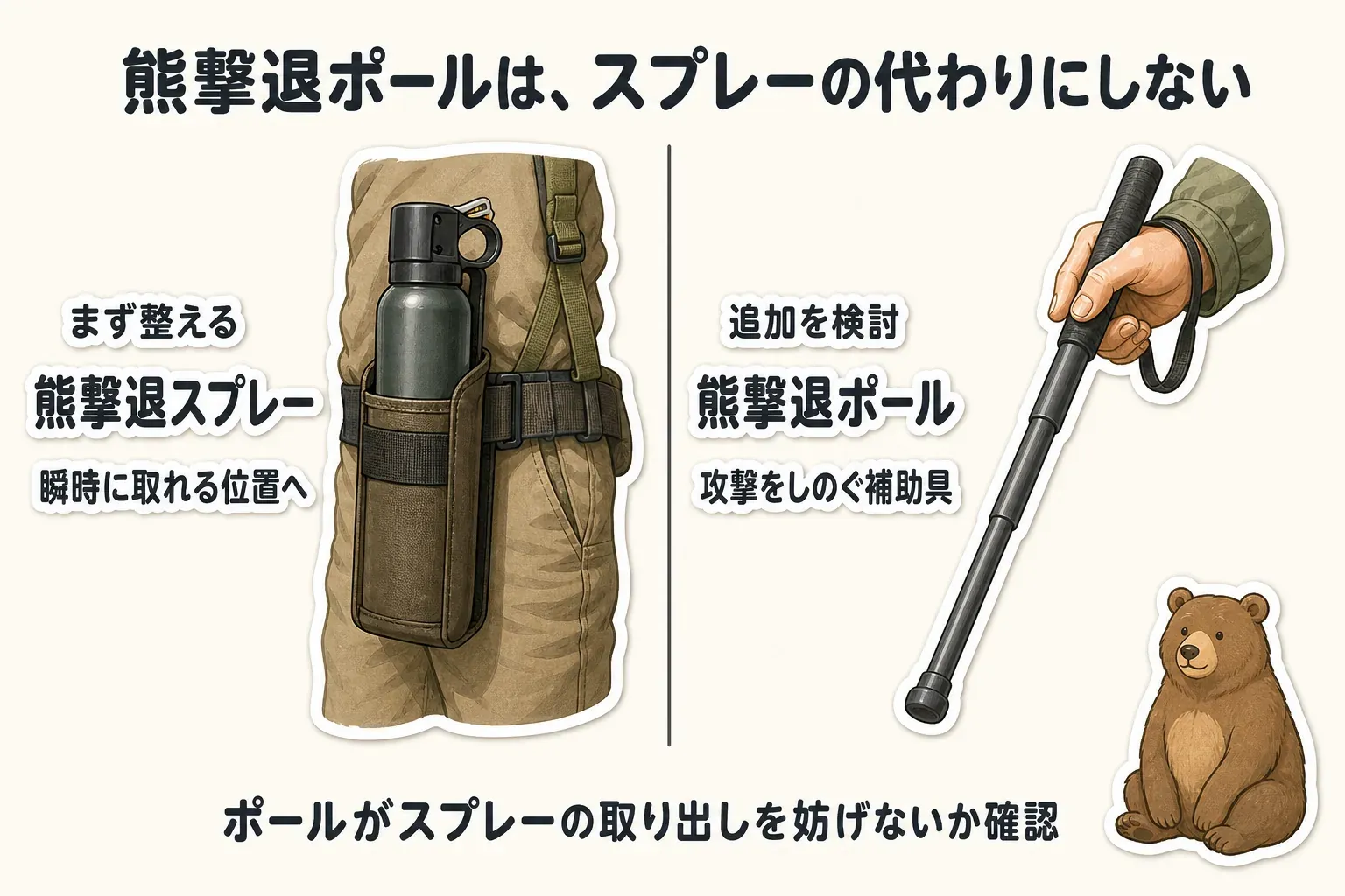 熊撃退ポールは熊撃退スプレーの代わりにせず、スプレーは腰など瞬時に取れる位置へ整え、ポールは攻撃をしのぐ追加の補助具として検討することを示す図