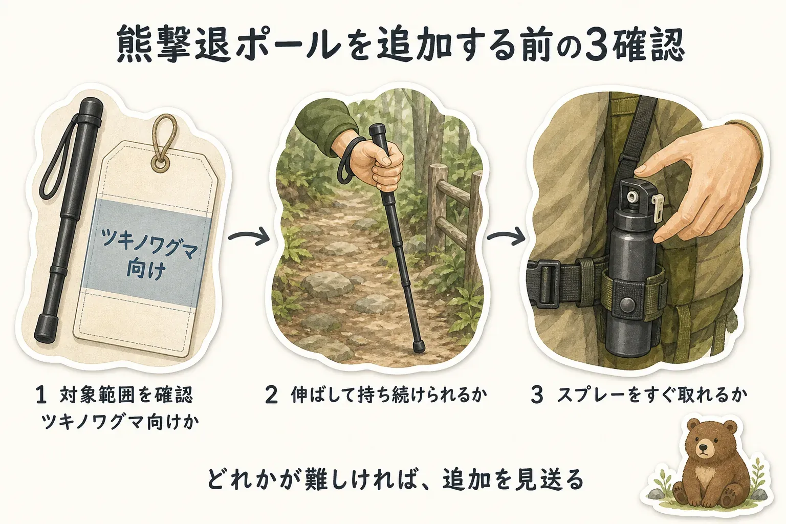 熊撃退ポールを追加する前に、対象がツキノワグマ向けか、行動中に伸ばして持ち続けられるか、熊撃退スプレーをすぐ取り出せるかの3点を確認し、どれかが難しければ追加を見送ることを示す図