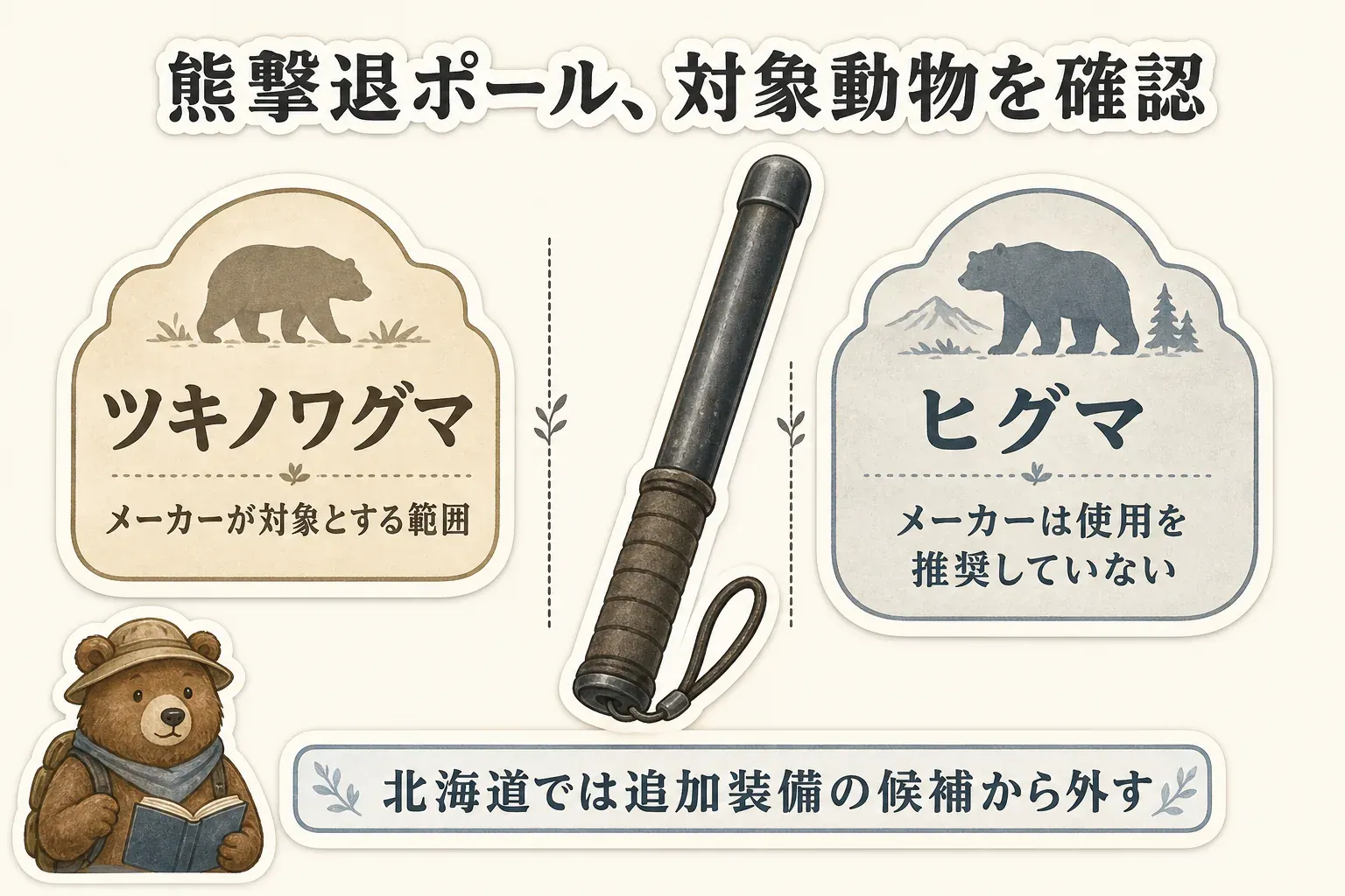 熊撃退ポールはメーカーがツキノワグマを対象範囲とし、ヒグマへの使用は推奨していないこと、北海道では追加装備の候補から外すことを示す図。出典：熊工房の製品案内