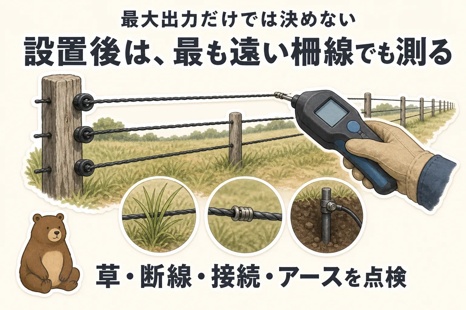電気柵は最大出力の数値だけで判断せず、設置後に最も遠い柵線でも電圧を測り、草・断線・接続・アースを点検することを示す図