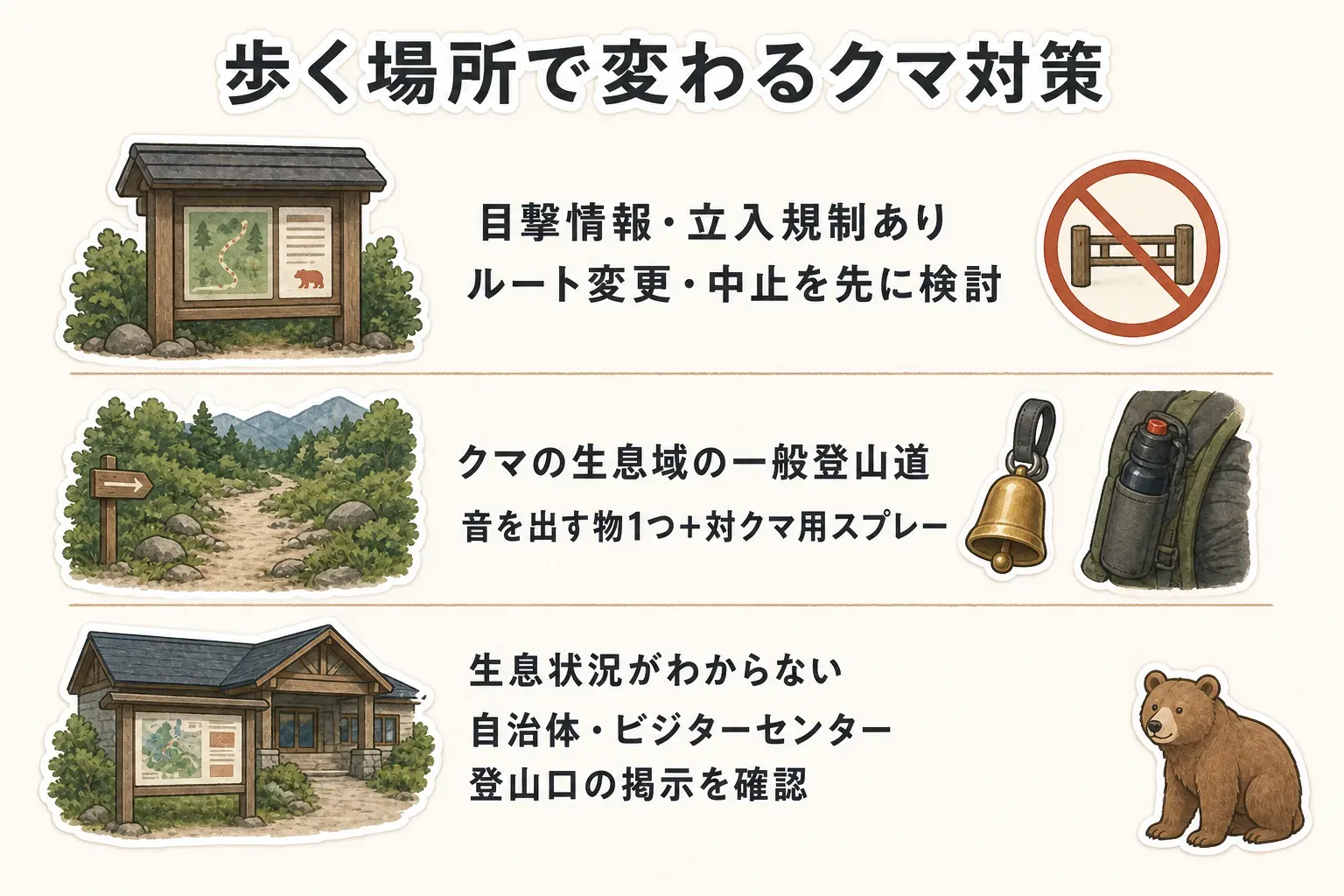 クマの目撃情報や登山道の規制があればルート変更・中止を検討し、クマの生息域の一般登山道では音を出す物を一つと熊撃退スプレーを携行し、生息状況が分からない公園・遊歩道では自治体や管理者の情報を確認する判断を示す図
