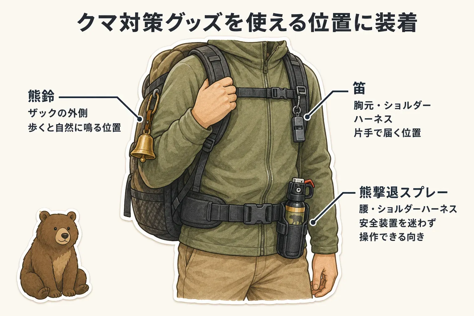 熊鈴はザックの外側、笛は胸元やショルダーハーネス、熊撃退スプレーは腰またはショルダーハーネスに装着し、追加するホーンはスプレーを取り出す動線を塞がない位置に置くことを示す図
