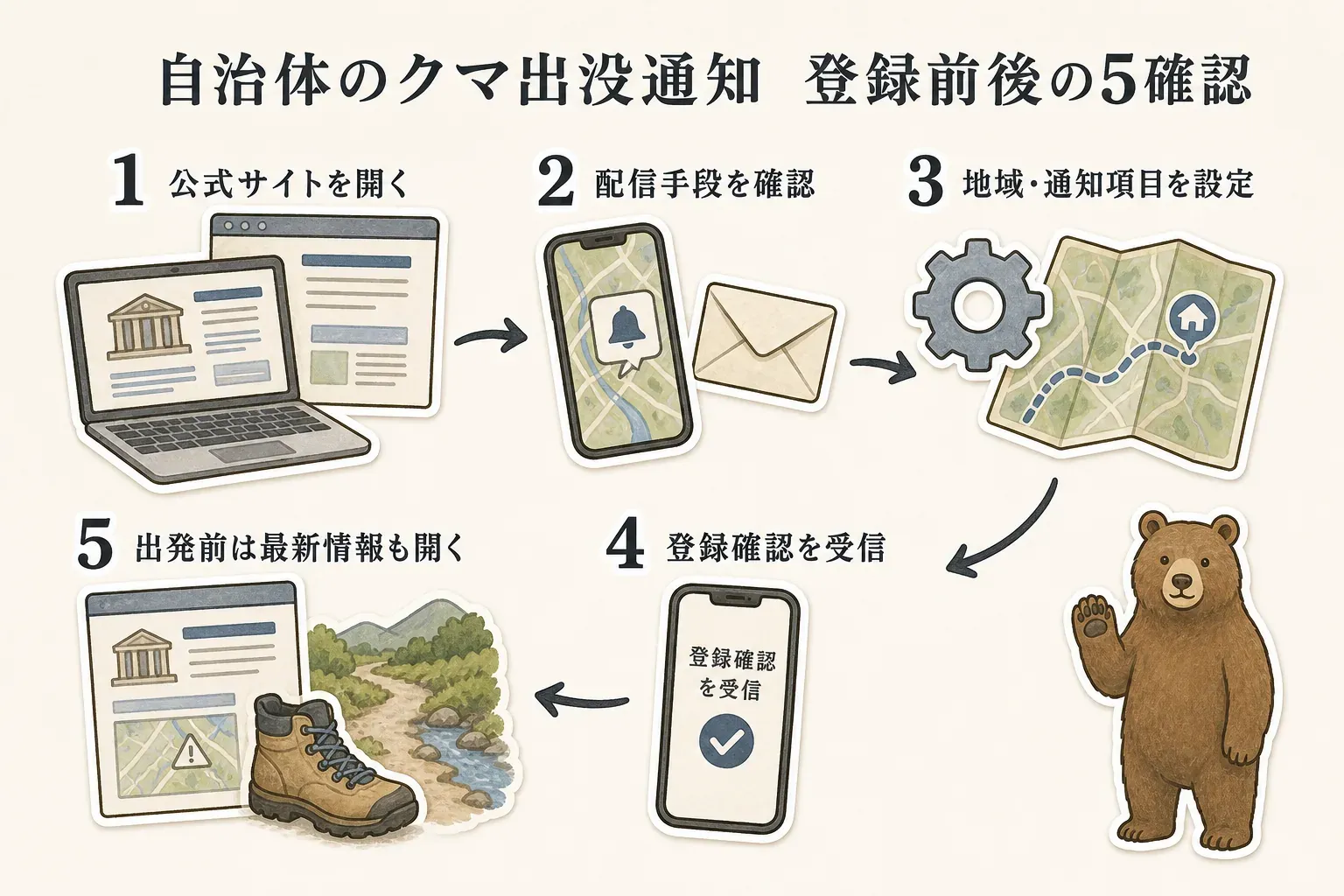 自治体のクマ出没通知を登録する前後に、公式サイトを開く、配信手段を確認する、地域・通知項目を設定する、登録確認を受信する、出発前に最新情報も開くという5つの確認手順を示す図