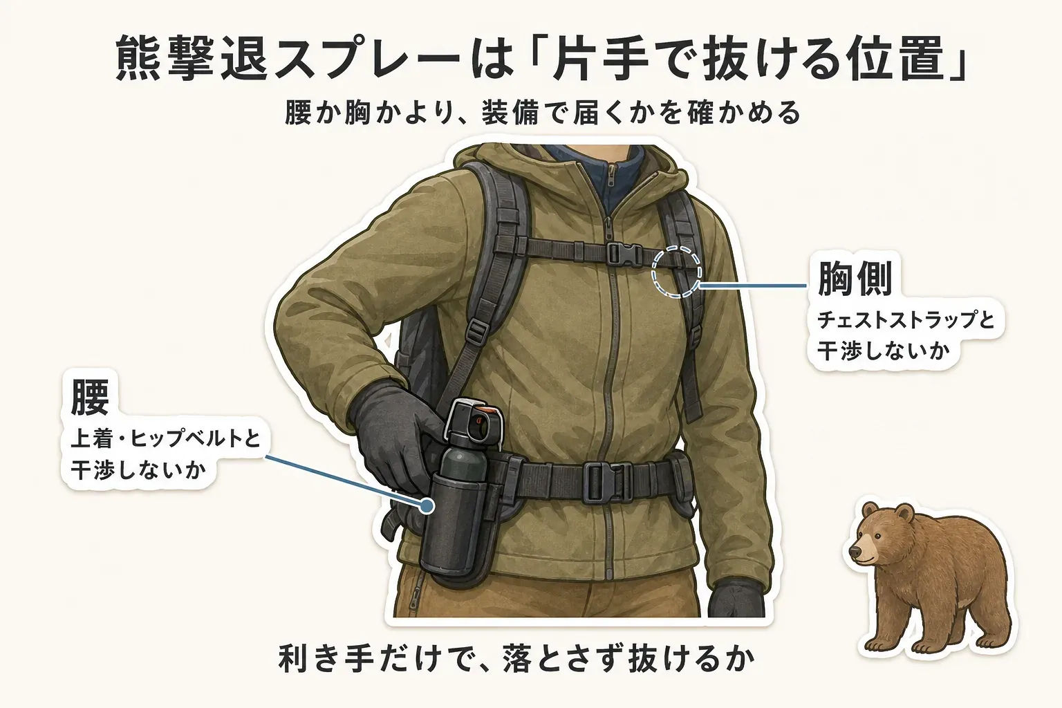 熊撃退スプレーをホルスターで携行する位置の比較。腰と胸のどちらも、利き手で片手で取り出せ、上着やザックのストラップに隠れず、歩いてもずれず、ザックを下ろしても手元に残る位置を選ぶ