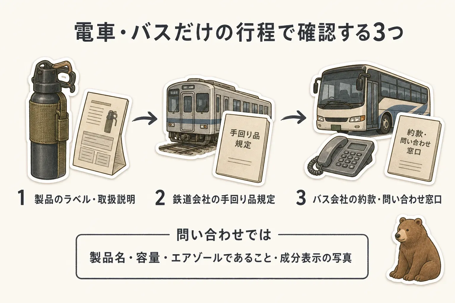 熊撃退スプレーを電車・バスで運ぶ前に、製品のラベル・取扱説明、鉄道会社の手回り品規定、バス会社の約款・問い合わせ窓口の3点を確認し、製品名・容量・エアゾールであること・成分表示の写真を伝えて問い合わせる流れを示す図