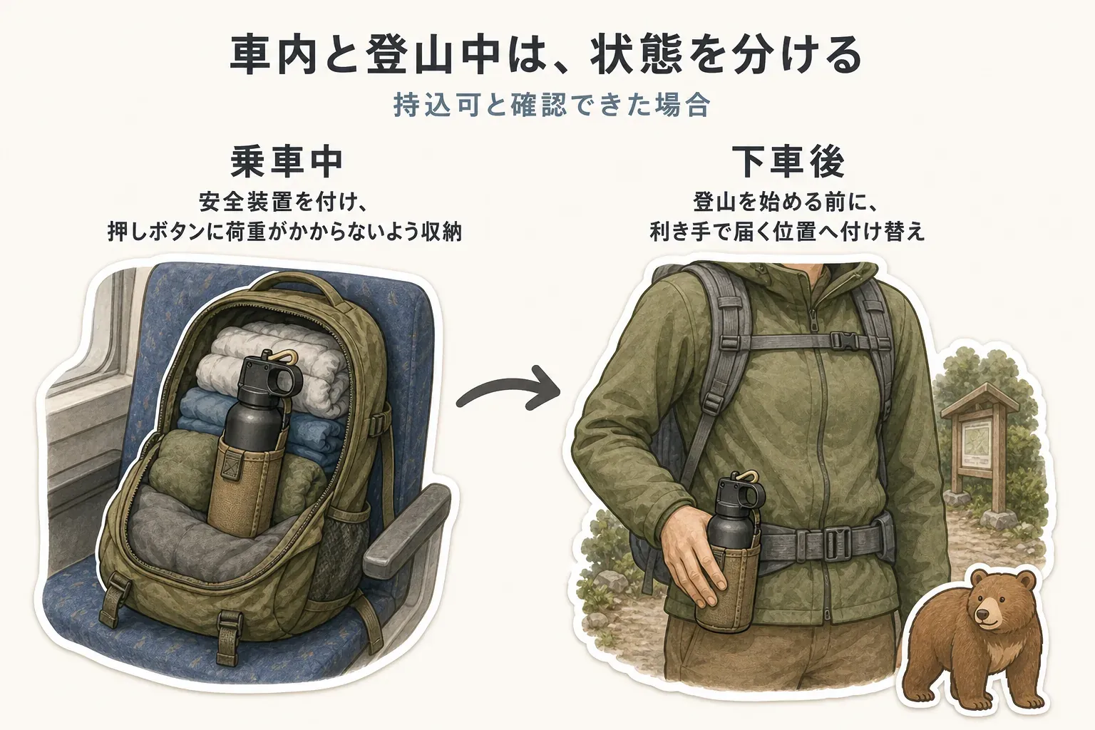 持込可と確認できた熊撃退スプレーは、乗車中は安全装置を付けて押しボタンに荷重がかからないようザック内に収納し、下車後は登山を始める前に利き手で届く携行位置へ付け替える流れを示す図