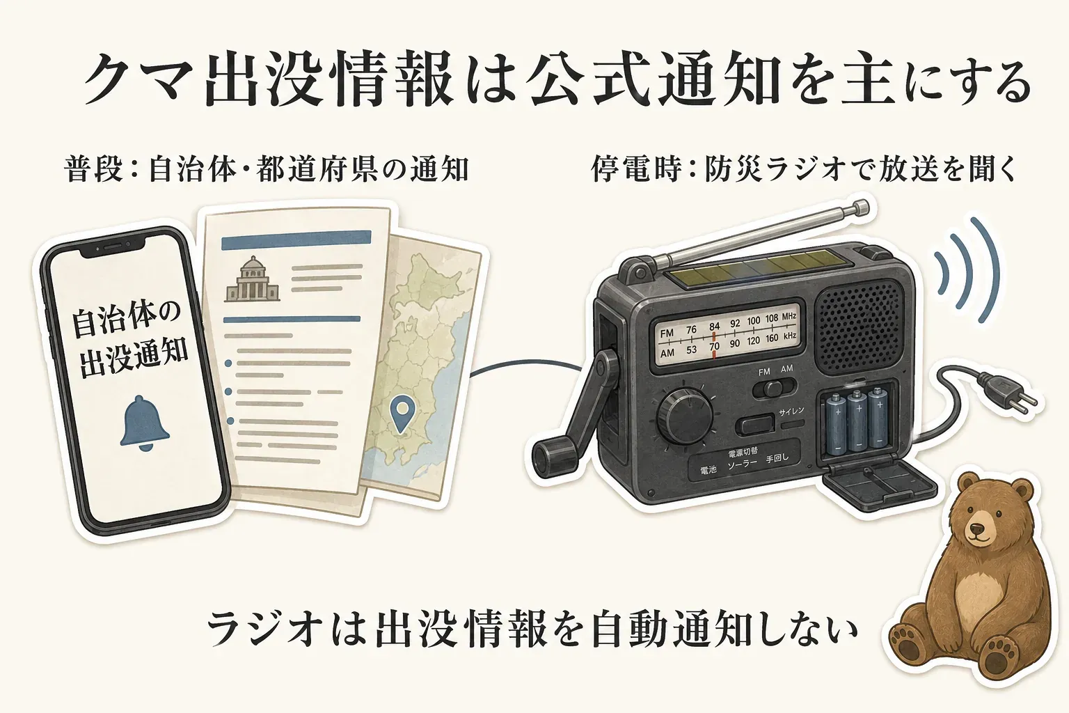 クマ出没情報は自治体・都道府県の公式通知で確認し、停電や通信不調時は防災ラジオで地域放送を補助的に聞く役割分担と、防災ラジオに出没情報の自動通知機能はないことを示す図。出典：環境省