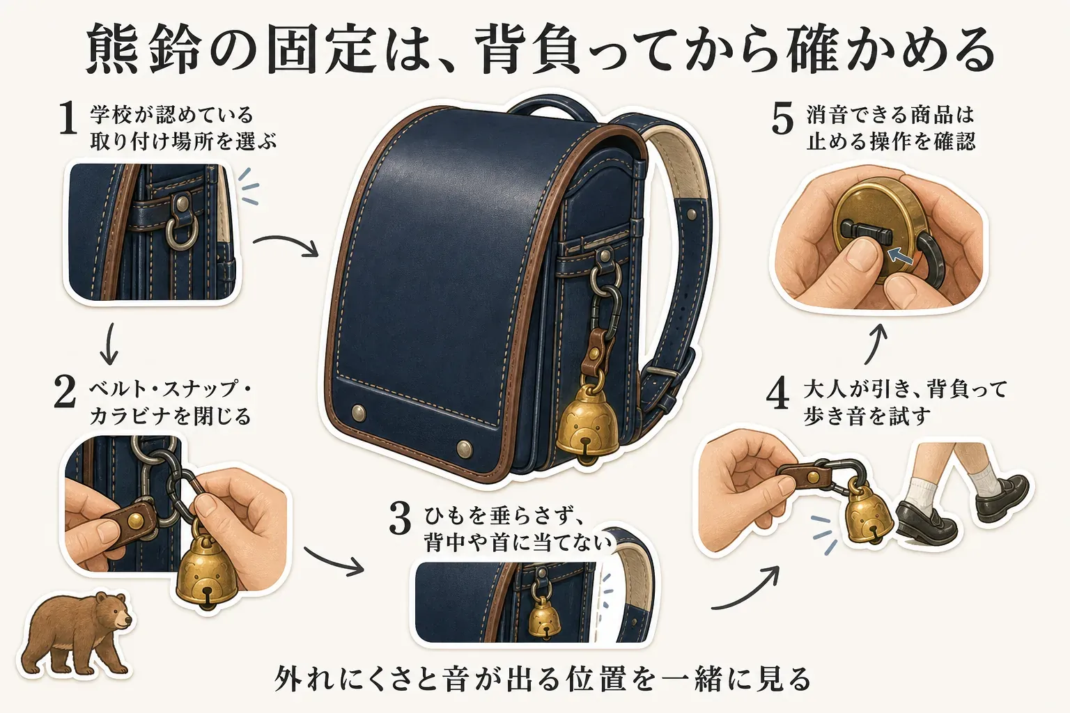 ランドセルに付けた熊鈴を、学校が認める取り付け場所と閉じた金具で固定し、長いひもを垂らさず、子どもが背負って歩く・走る・肩ベルトを持ち上げる・ランドセルを置く動作で、音が鳴り金具が外れず体に当たらないかを確認する図