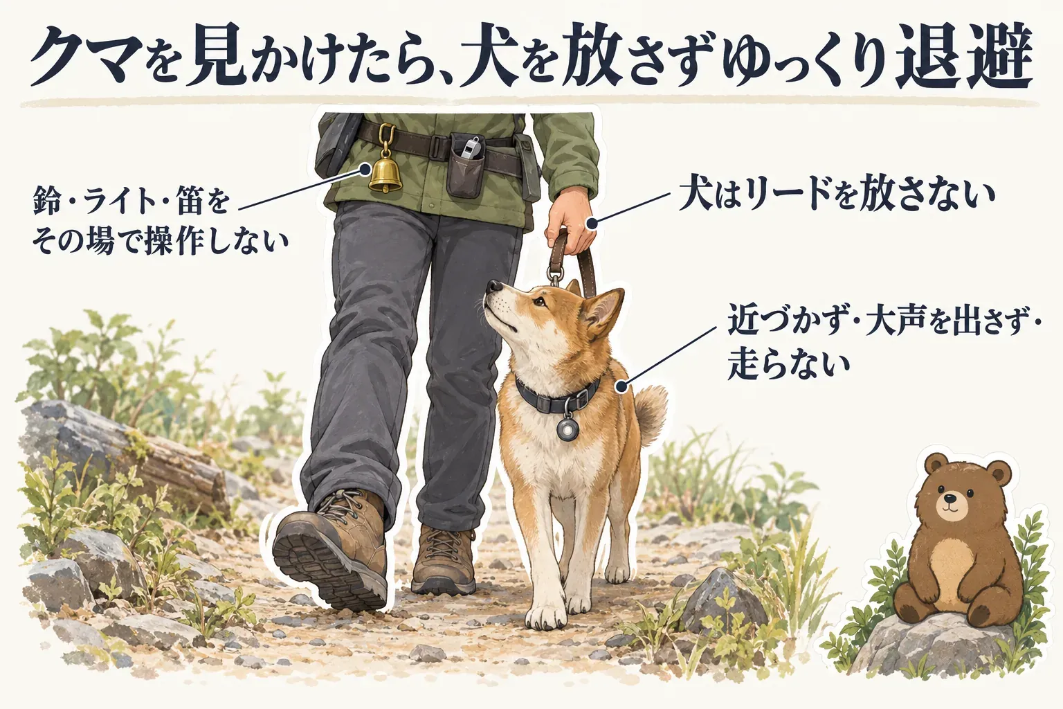 クマを見かけたら、犬のリードを放さず、鈴・ライト・ホイッスルをその場で操作せず、近づかず大声を出さず走らずにゆっくり退避する行動を示す図。出典：環境省「国立公園に出かける前に知っておきたいクマのこと」