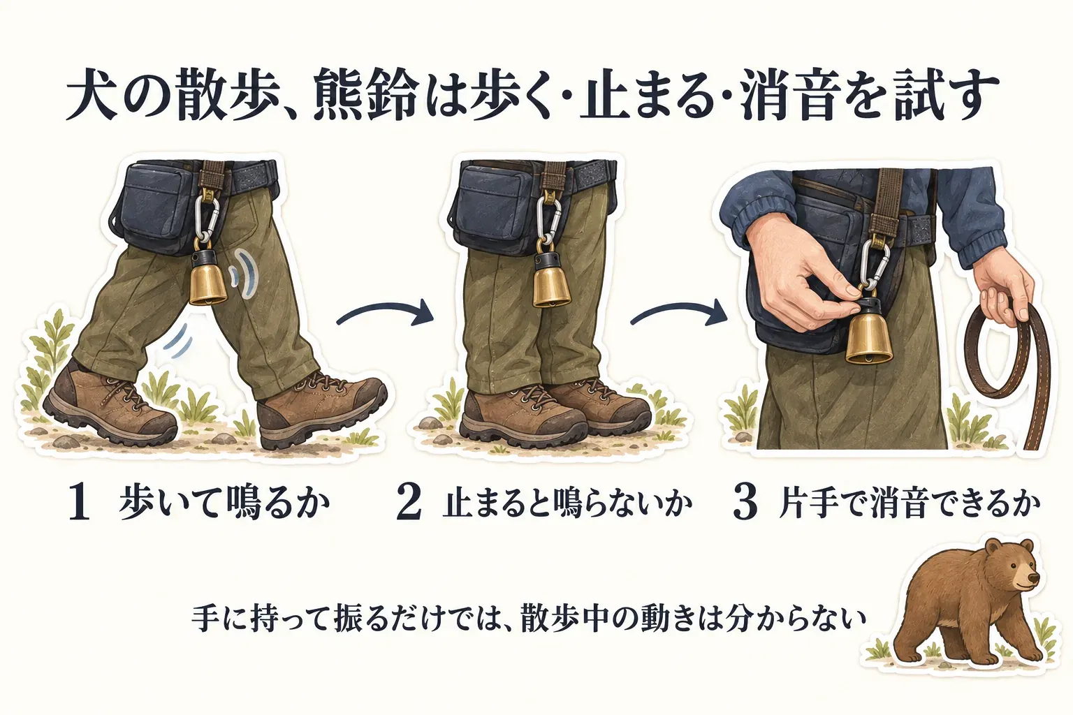 犬の散歩前に、飼い主のバッグへ付けた熊鈴が歩くと鳴るか、立ち止まると鳴らないか、リードを持ったまま片手で消音できるかを順に確認する図