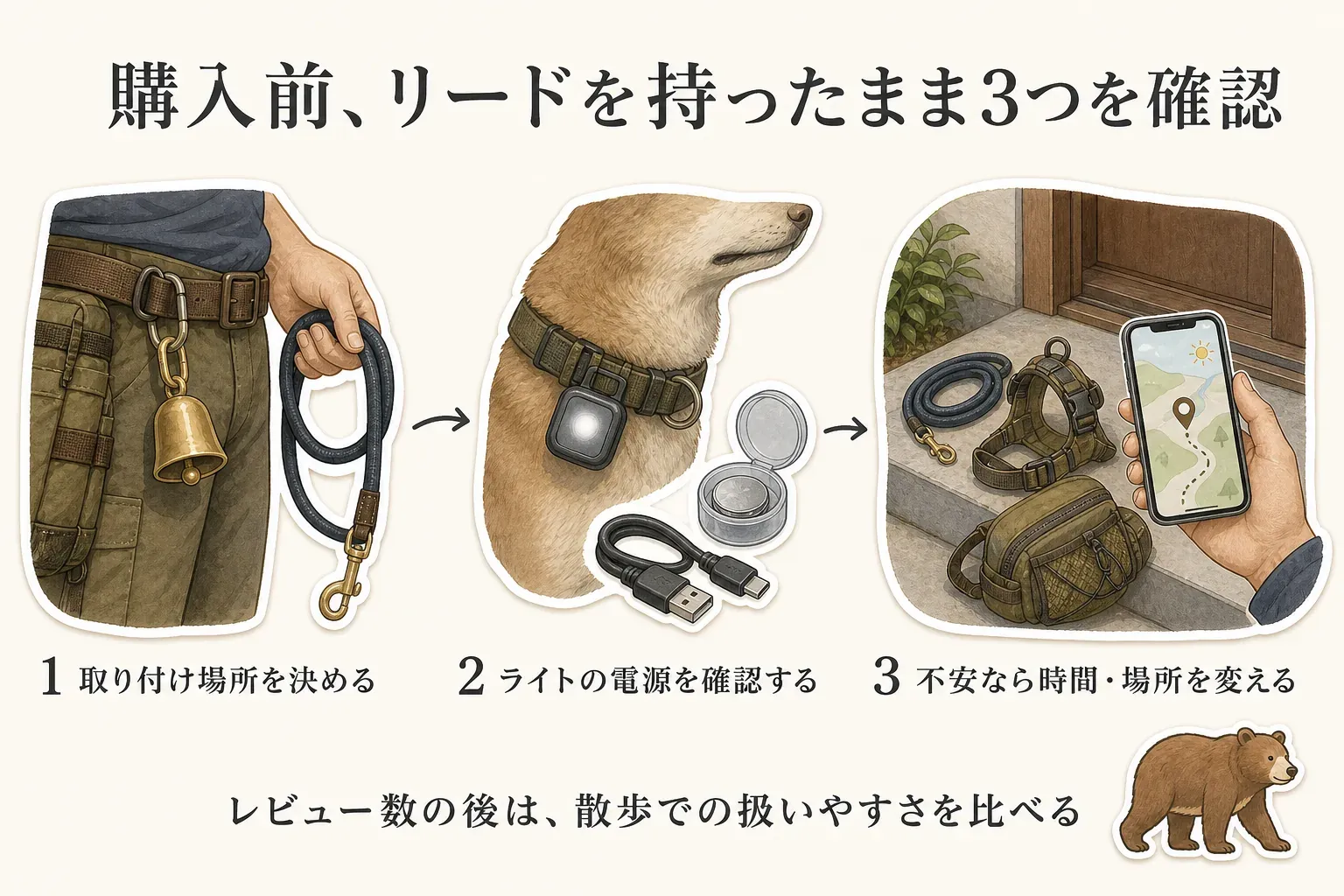 犬の散歩用の熊鈴とライトを購入する前に、熊鈴を飼い主側へ付けて消音操作を確認し、ライトを犬の首輪・ハーネス・リードへ安全に固定して点灯・電源を確認し、ホイッスルを手に持たない場所へ収め、クマ出没情報で散歩道を見直す手順を示す図