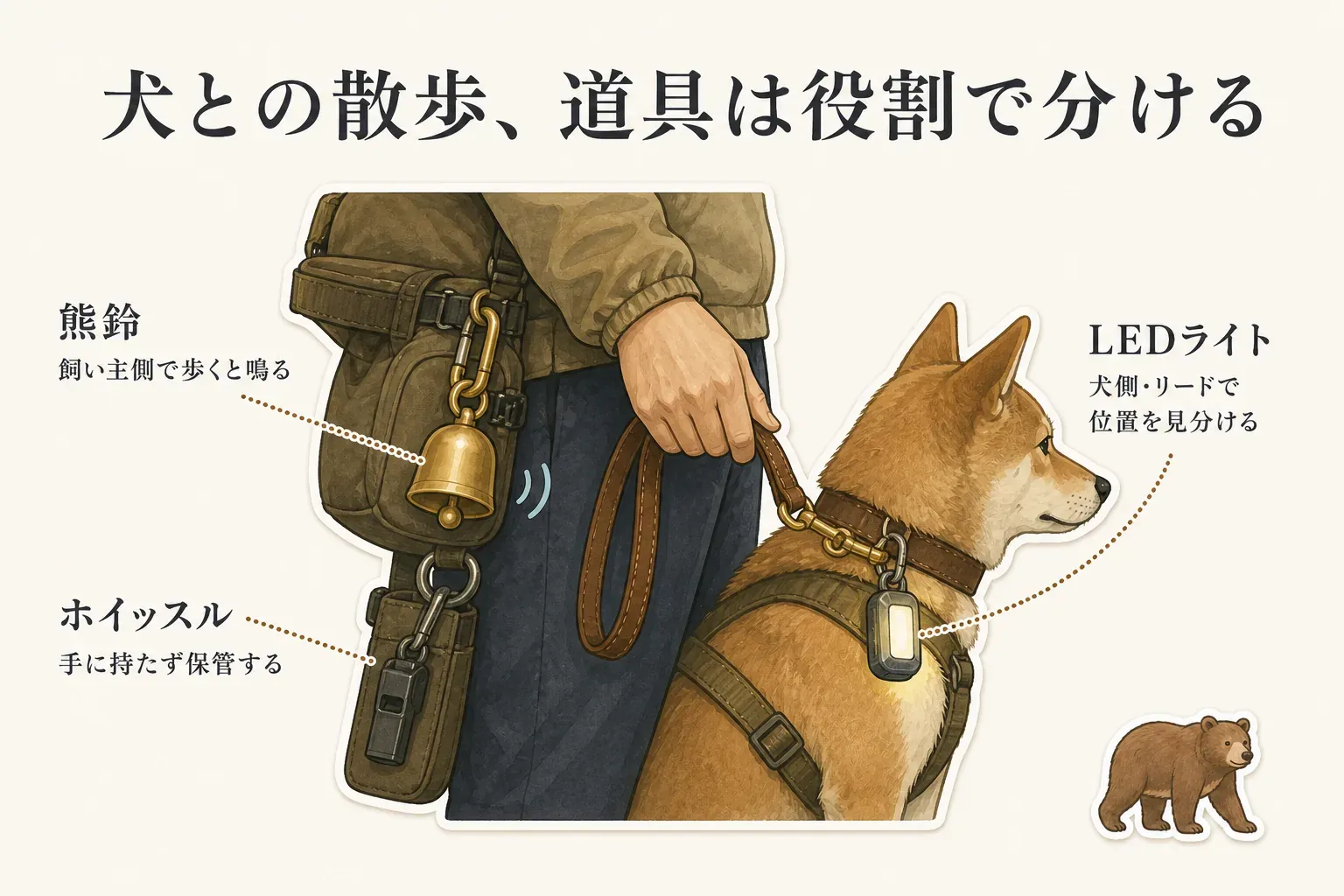 犬との散歩で、熊鈴は飼い主側で歩くと鳴るように固定し、LEDライトは犬側またはリードに付けて位置を見分け、ホイッスルは手に持たず保管するという道具の役割分担を示す図