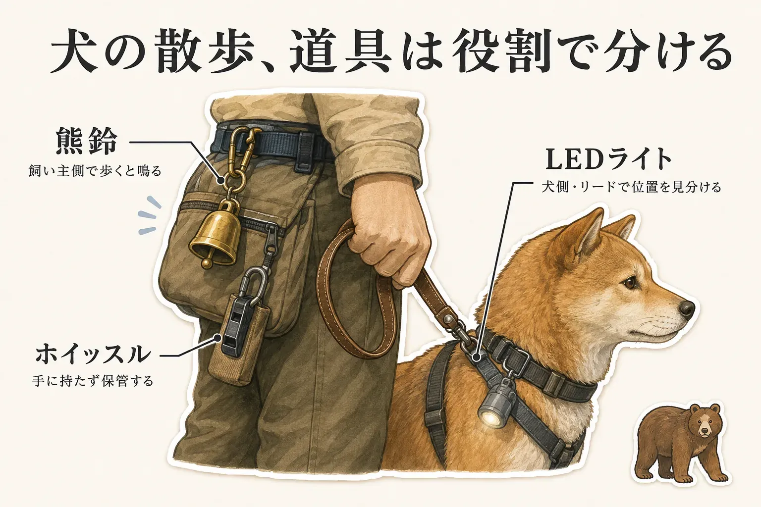 犬の散歩で、熊鈴は飼い主側のベルトに付けて歩くと鳴らし、LEDライトは犬側・リードに付けて位置を見分け、ホイッスルは手に持たずポーチに保管する役割分担を示す図