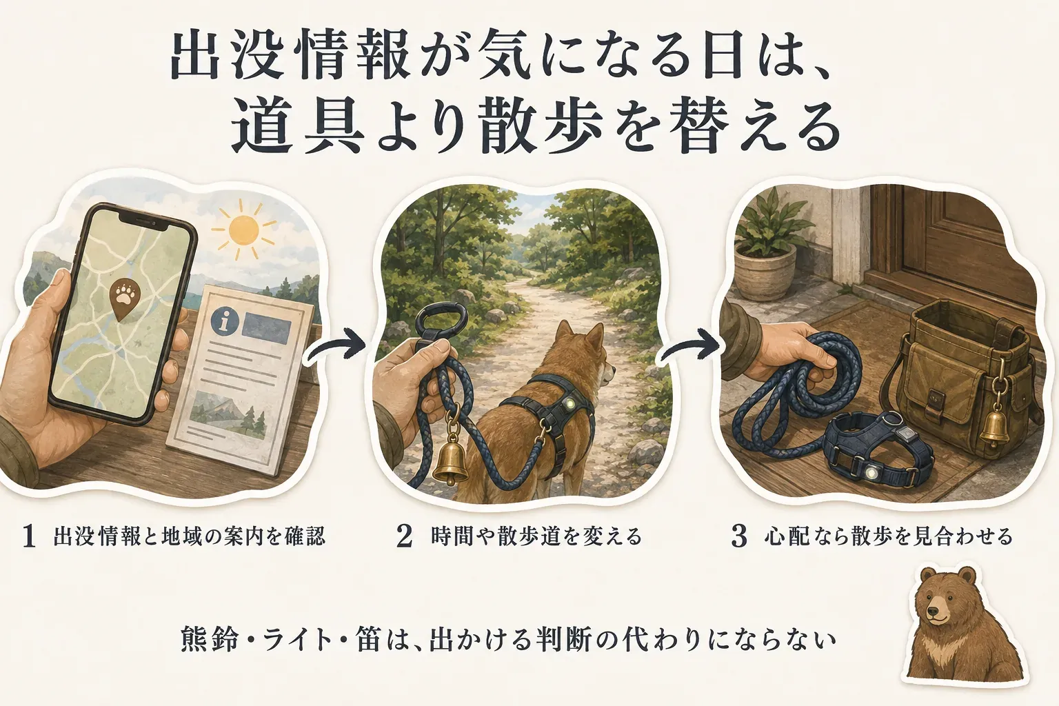 クマの出没情報と地域の案内を確認し、時間や散歩道を変え、それでも心配なら散歩を見合わせる流れと、熊鈴・ライト・ホイッスルは出かける判断の代わりにならないことを示す図