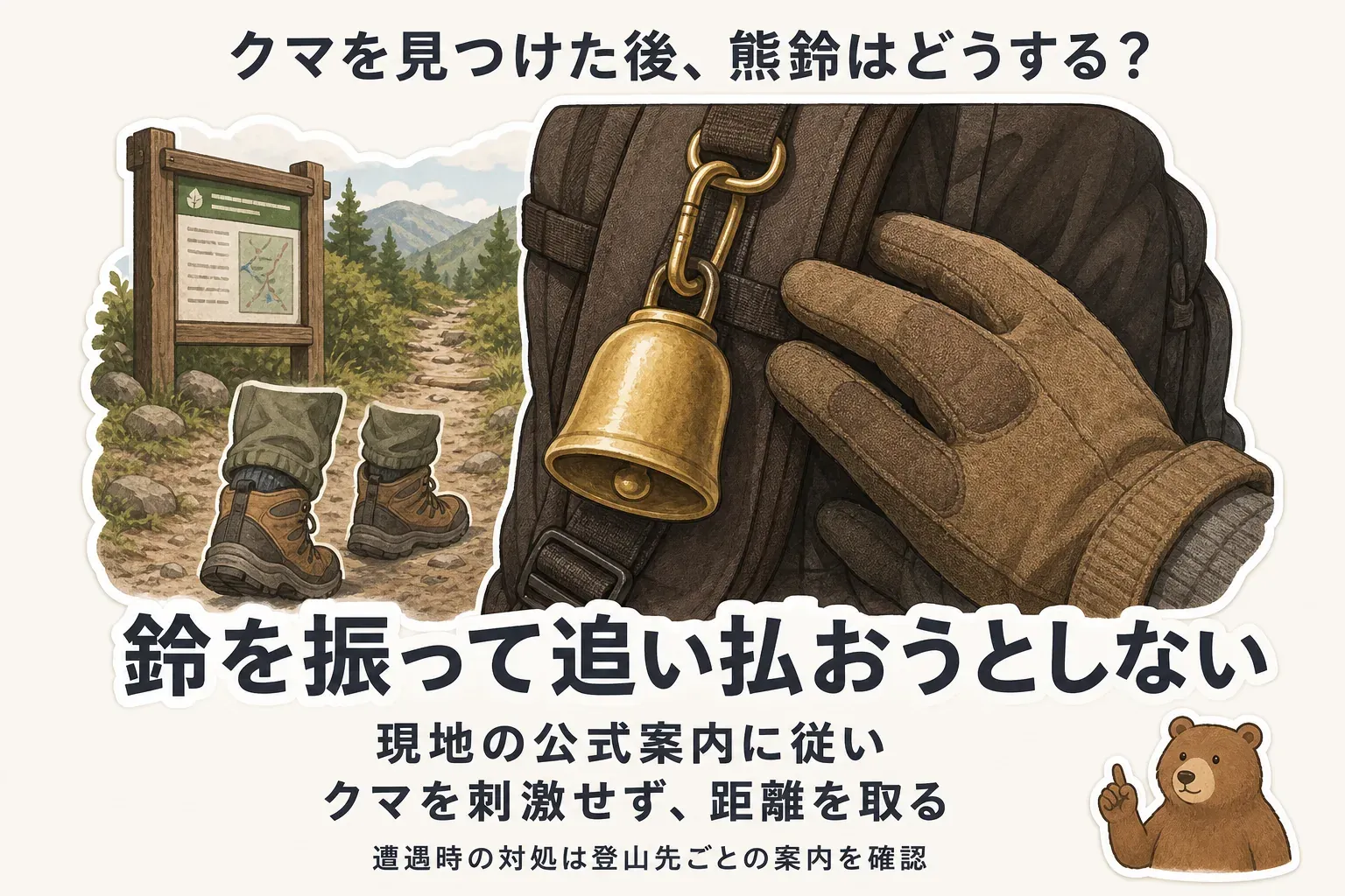 クマを見つける前は熊鈴で人の存在を知らせ、クマを見つけた後は鈴を振ったり大きな音で追い払おうとせず、静かにゆっくりその場を離れるという役割の違いを示す図。出典：長野県のツキノワグマとの遭遇時の案内