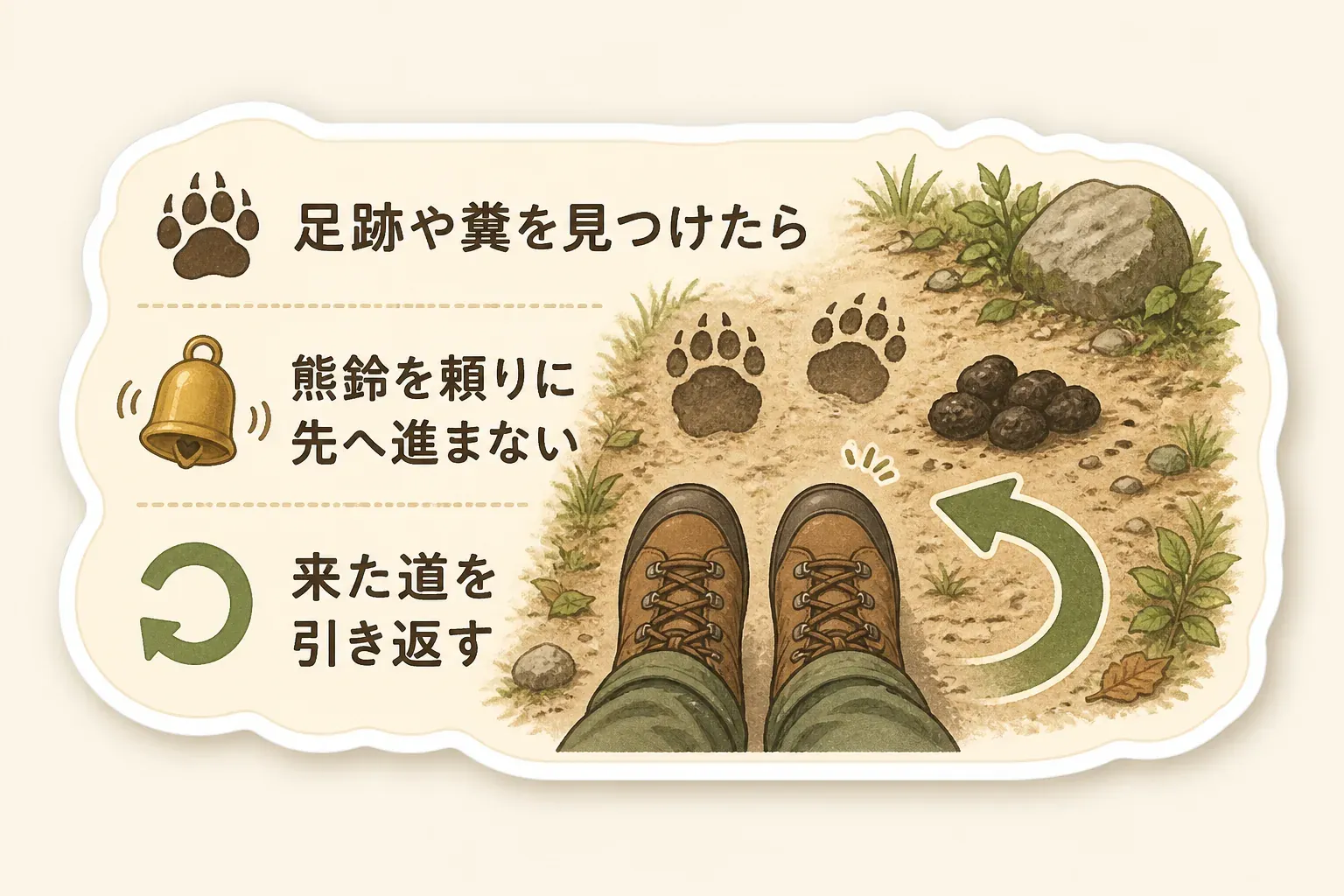 登山道でクマの足跡や糞を見つけたら、熊鈴があっても先へ進まず、来た道を引き返す判断を示す図。出典：長野県のツキノワグマ対策案内