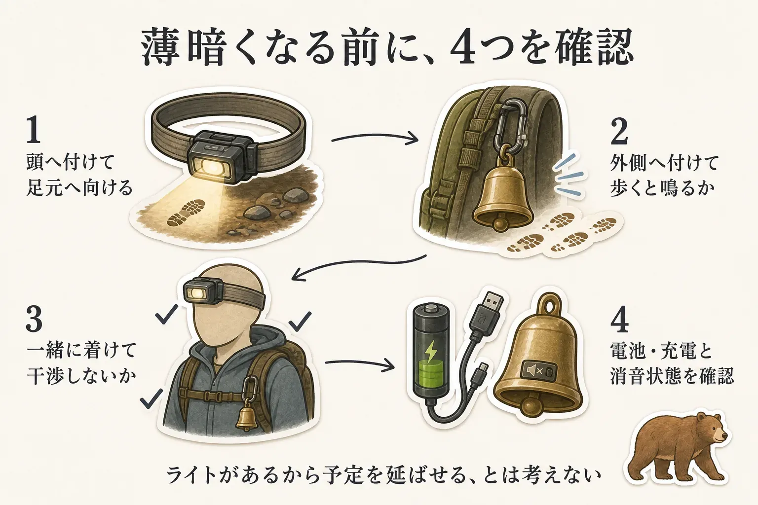 薄暗くなる前の出発前確認として、ヘッドライトを頭に付けて足元へ向ける、熊鈴をザック外側に付けて歩くと鳴るか確かめる、二つを一緒に着けて干渉しないか確認する、ライトの電池・充電と熊鈴の消音状態を確認する4項目を示す図