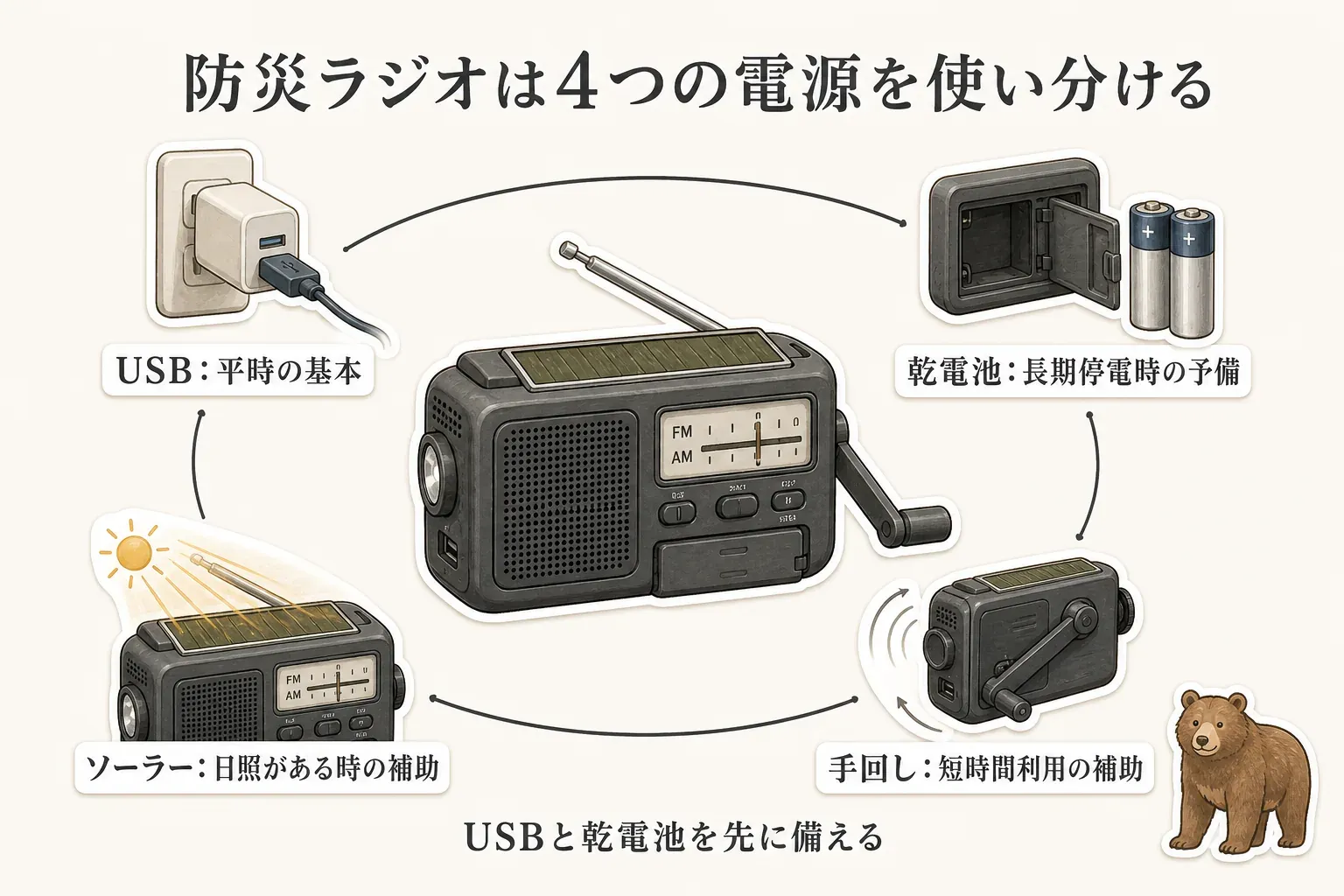 防災ラジオの4つの電源の使い分けとして、USBは平時の基本、乾電池は長期停電時の予備、手回しは短時間利用の補助、ソーラーは日照がある時の補助とし、USBと乾電池を先に備えることを示す図