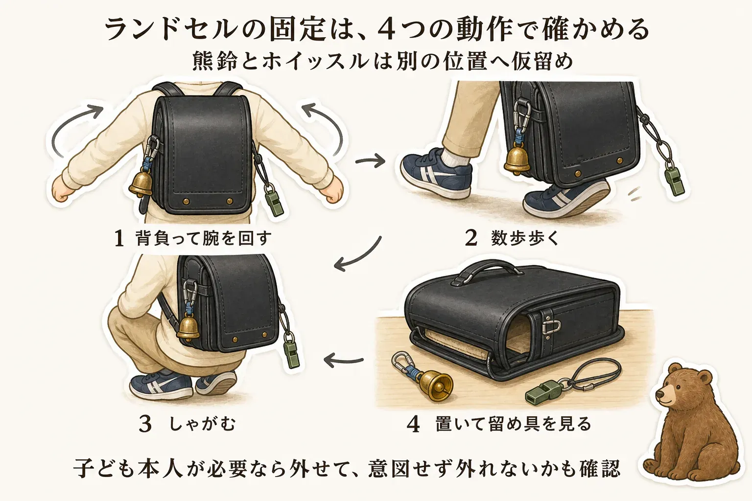 熊鈴とホイッスルをランドセルの別の位置に仮留めし、背負って腕を回す、数歩歩く、しゃがむ、置いて留め具を見る4つの動作で確認し、子ども本人が必要なら外せて意図せず外れないかも確かめる流れを示す図