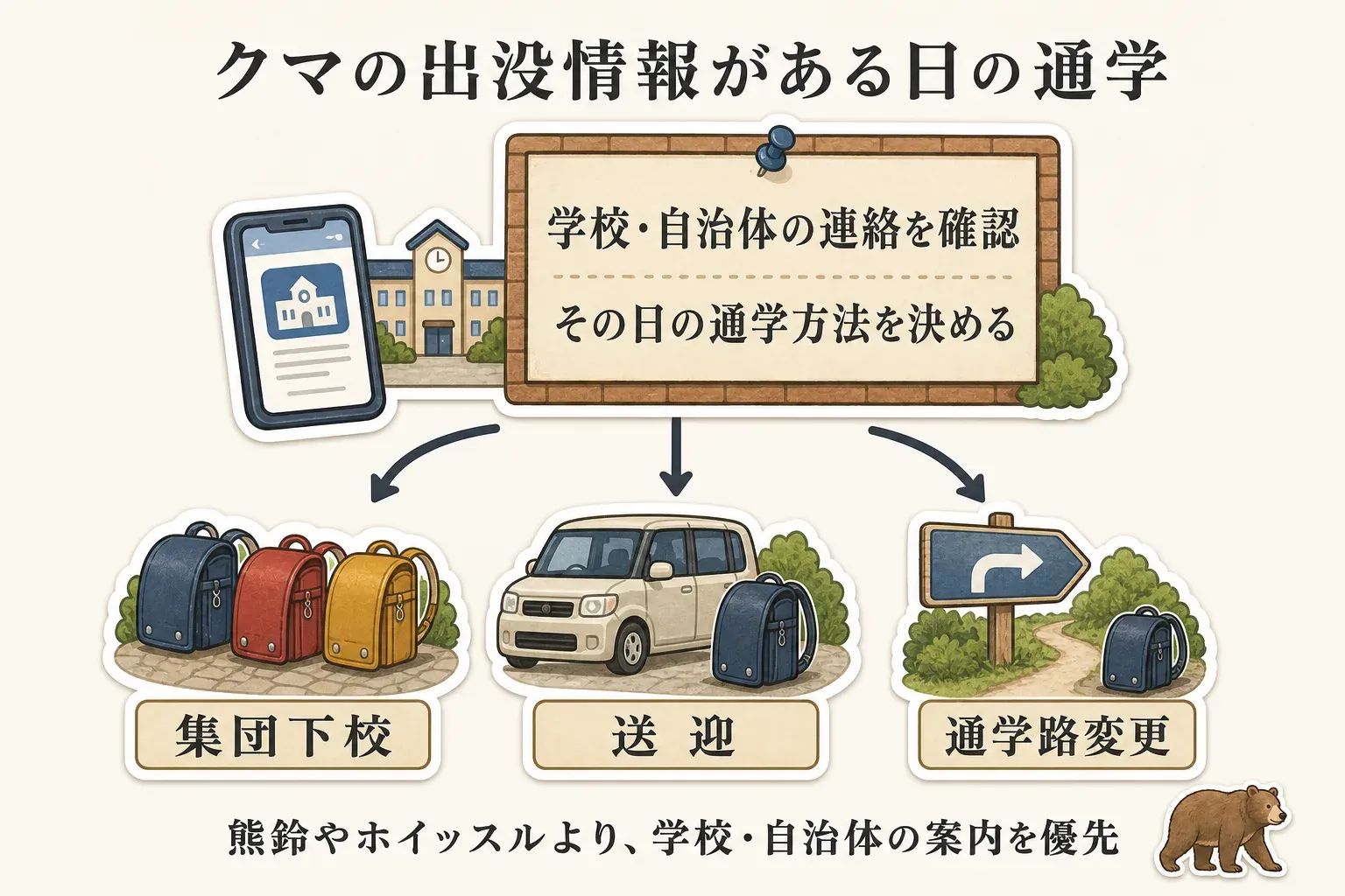 クマの出没情報がある日は、学校・自治体の連絡を確認してその日の通学方法を決め、集団下校、送迎、通学路変更などの案内に従う流れと、熊鈴やホイッスルより学校・自治体の案内を優先することを示す図