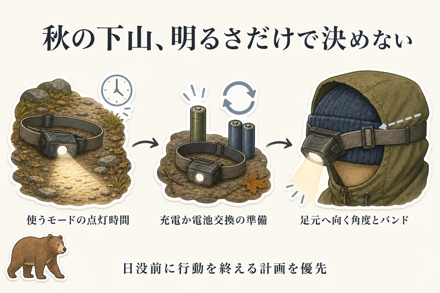 秋の下山用ヘッドライトは明るさだけで決めず、使うモードの点灯時間、出発前の充電または電池交換の準備、足元へ向ける角度とヘッドバンドを確認し、日没前に行動を終える計画を優先することを示す図