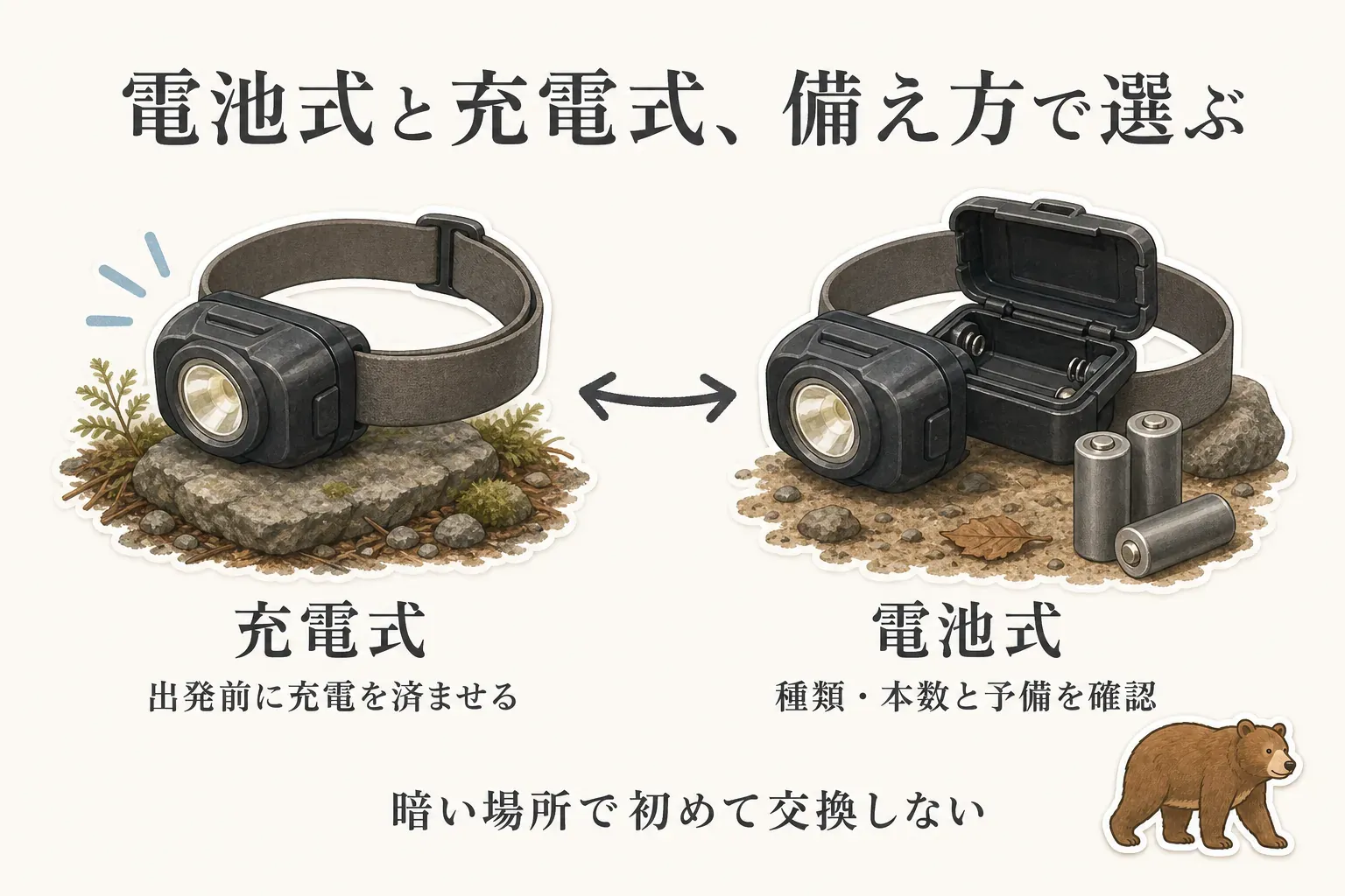 ヘッドライトの充電式は出発前に充電を済ませ、電池式は電池の種類・本数と予備を確認して、暗い場所で初めて電池交換をしないようにする備え方を対比した図