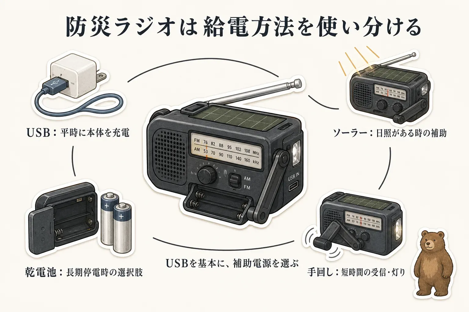 防災ラジオの給電方法の使い分けとして、USBは平時の本体充電、乾電池は長期停電時の選択肢、手回しは短時間の受信・灯りの補助、ソーラーは日照がある時の補助とし、USBを基本に補助電源を選ぶことを示す図
