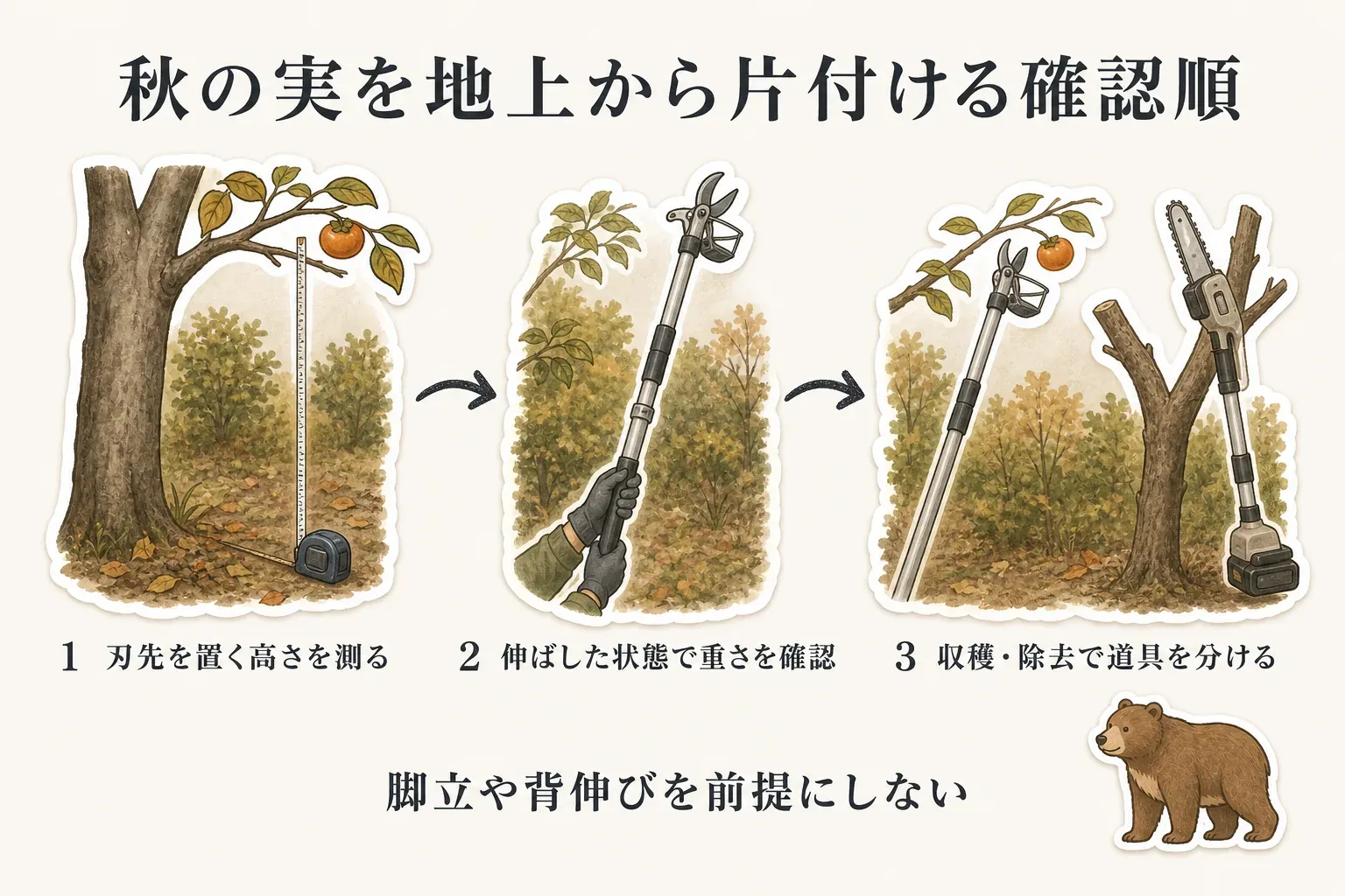 秋の柿を地上から片付ける確認順として、刃先を置く高さを測る、伸ばした高枝切りばさみの重量を確認する、収穫の細枝と除去の太枝で道具を分ける3段階と、脚立や背伸びを前提にしない注意を示す図