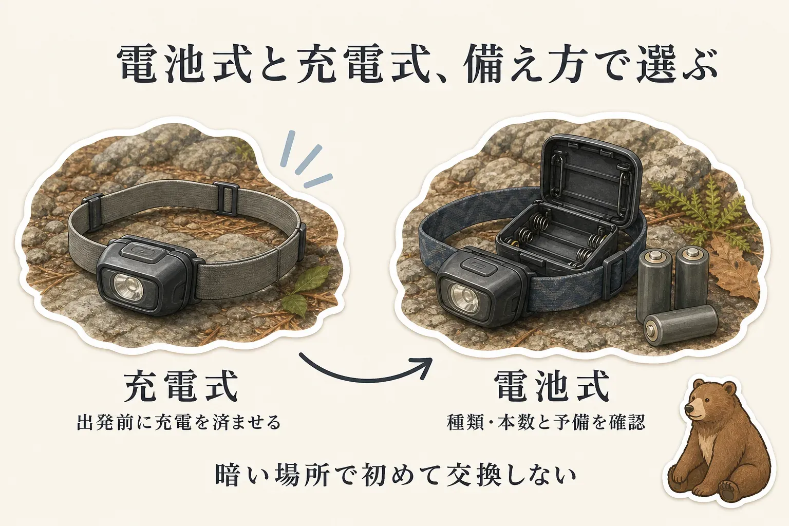 登山用ヘッドライトは、充電式なら出発前に充電を済ませ、電池式なら必要な電池の種類・本数と予備を確認し、暗い場所で初めて交換しないように備え方で選ぶことを示す図