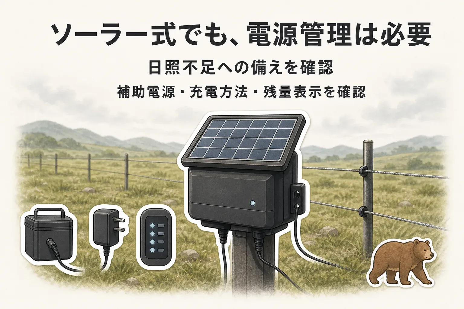 曇天や木陰ではソーラーパネルの発電量が減るため、晴天時に充電したバッテリー、外部電源または充電器、残量・出力低下を知らせる表示で電源を管理することを示す図