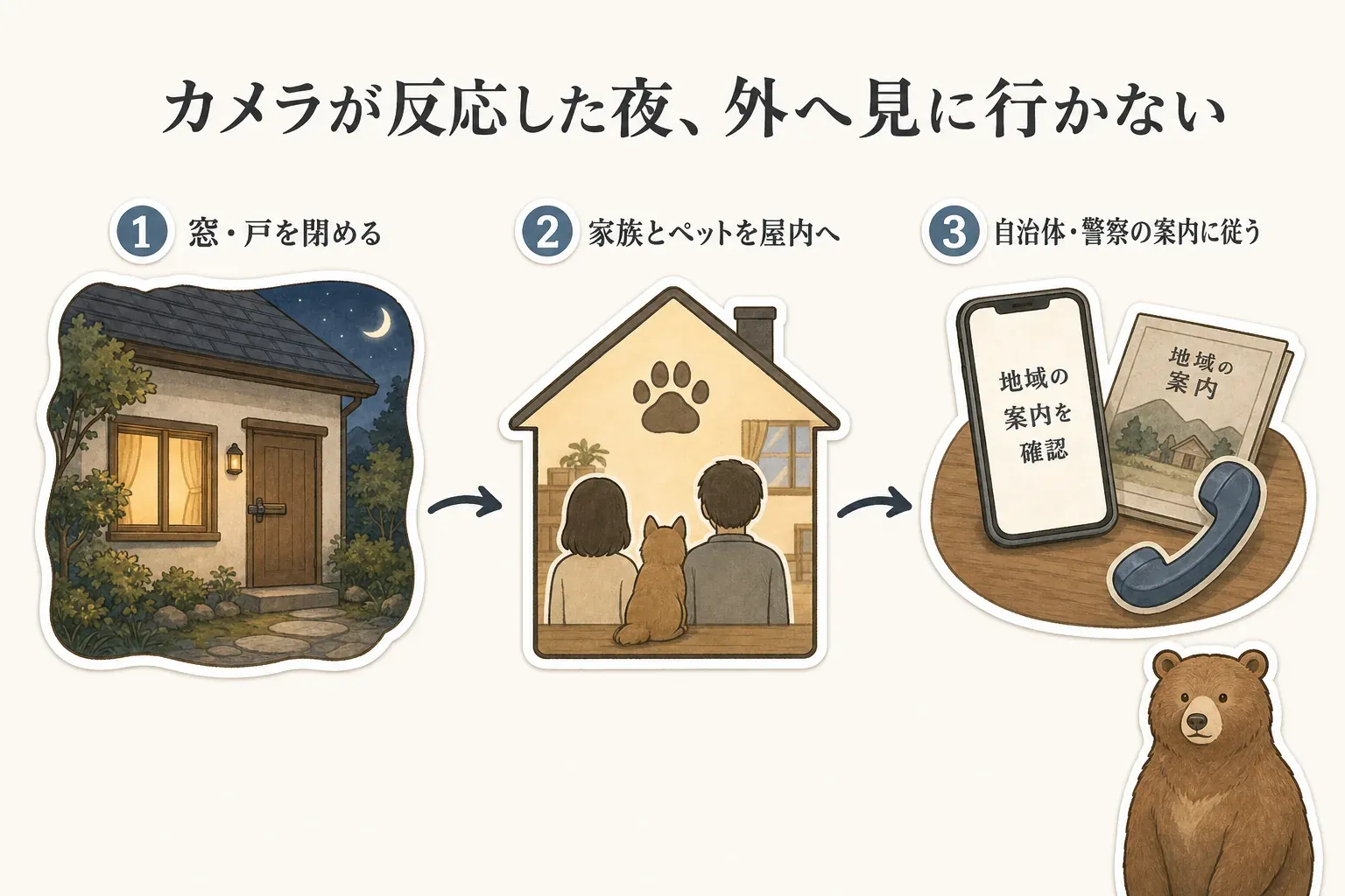 カメラが反応した夜は外へ見に行かず、窓と戸を閉める、家族とペットを屋内へ入れる、自治体・警察の案内を確認して従うという3つの行動を、家・家族と犬・スマートフォンと電話の絵で示す図